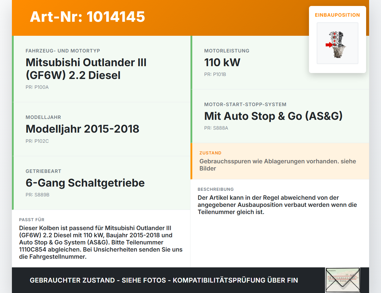 Mitsubishi Outlander III 12-15 2,3 110KW GF6W Kolben mit Pleuel Pos A Mitsubishi Outlander III 12-15 22.09.2015... Vorschau 3