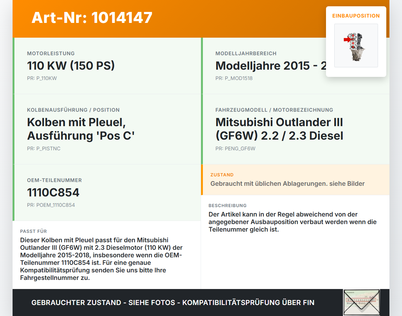 Mitsubishi Outlander III 12-15 2,3 110KW GF6W Kolben mit Pleuel Pos C Mitsubishi Outlander III 12-15 22.09.2015... Vorschau 3
