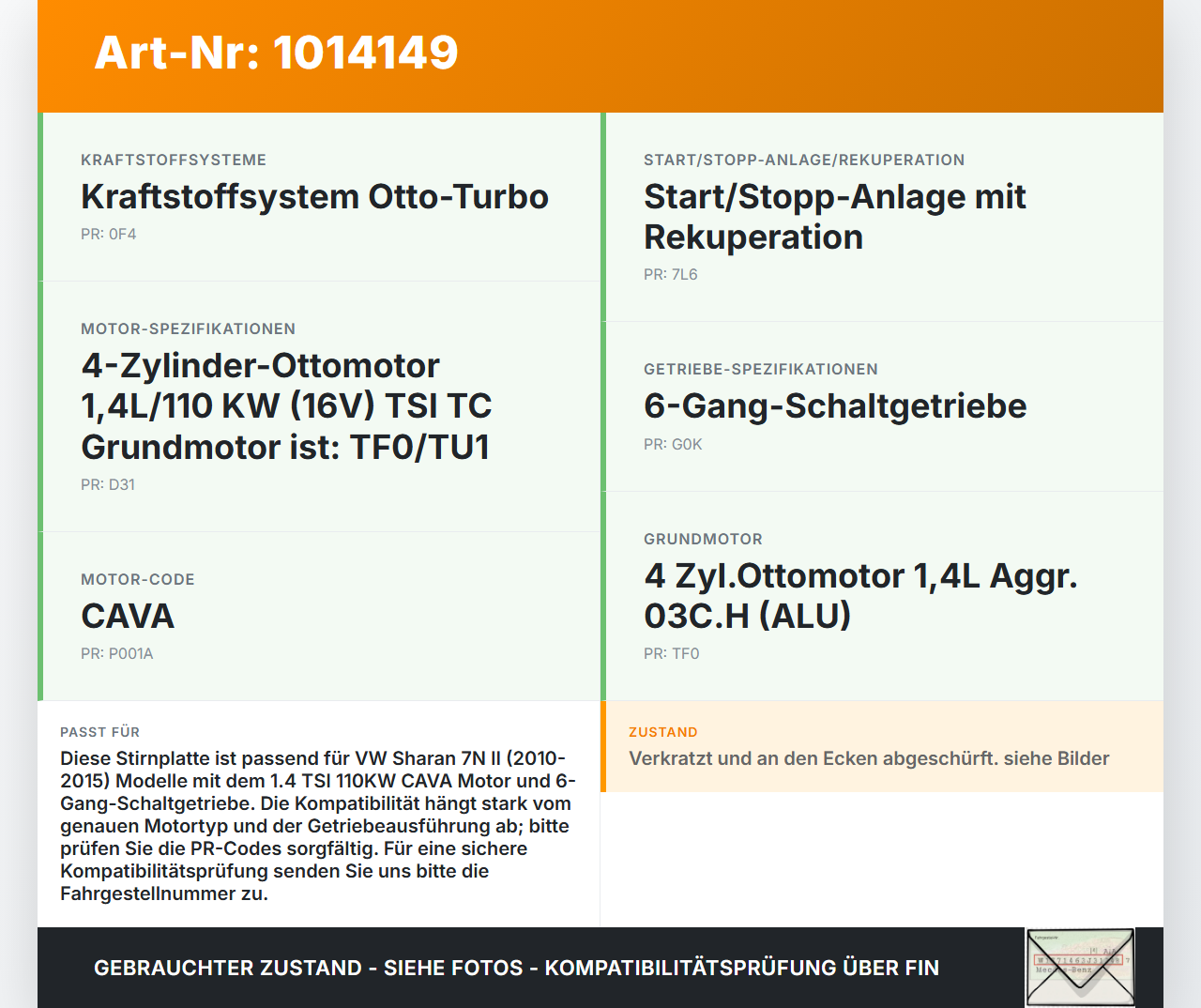 VW Sharan 7N II 10-15 TSI 1,4 110KW Platte für Motor Stirnplatte Gehäuse Motorblock VW Sharan 7N II 10-15... Vorschau 3