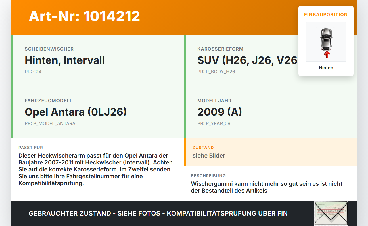 Opel Antara 07-11 Heckwischer Scheibenwischer Hinten Wischarm Opel Antara 07-11 17.02.2010 gebraucht Vorschau 3