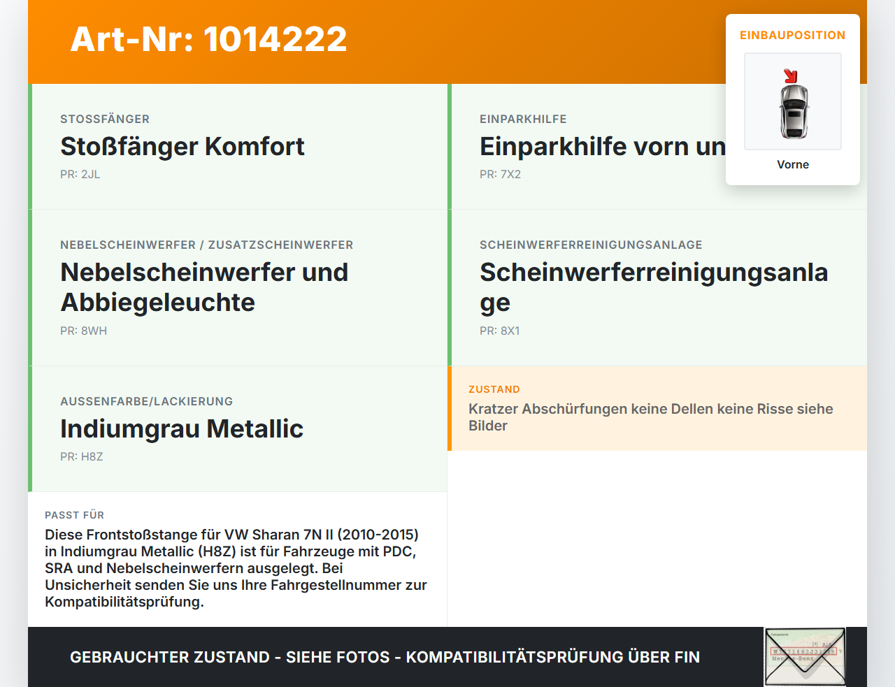 VW Sharan 7N II 10-15 Stoßstange Stoßfänger Frontschürze Vorne LH8Z VW Sharan 7N II 10-15 19.03.2012 7N0807217G... Vorschau 3