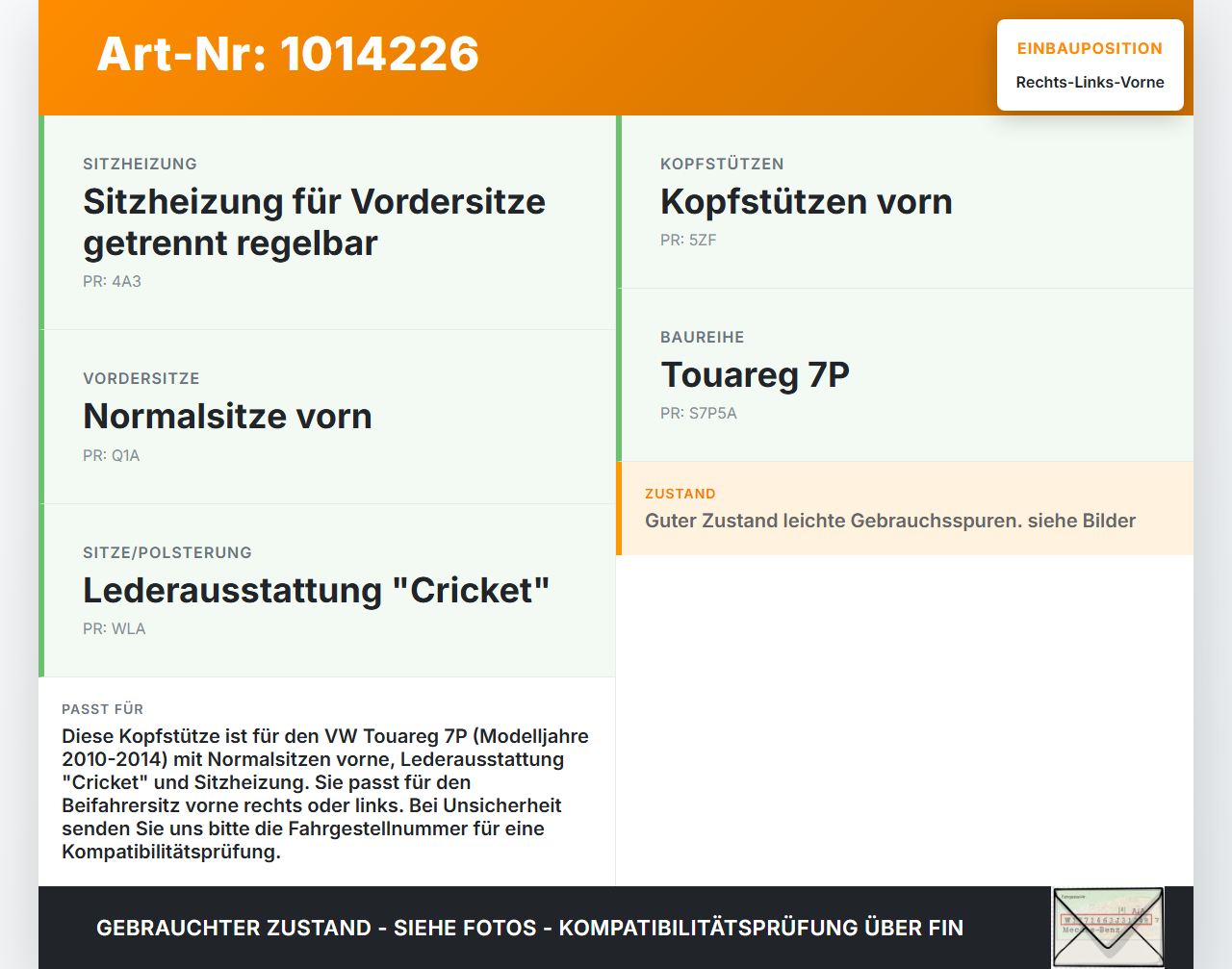 VW Touareg 7P 10-14  Leder Kopfstütze für Beifahrer Sitz Rechts oder Links Vorne Leder VW Touareg 7P 10-14... Vorschau 3