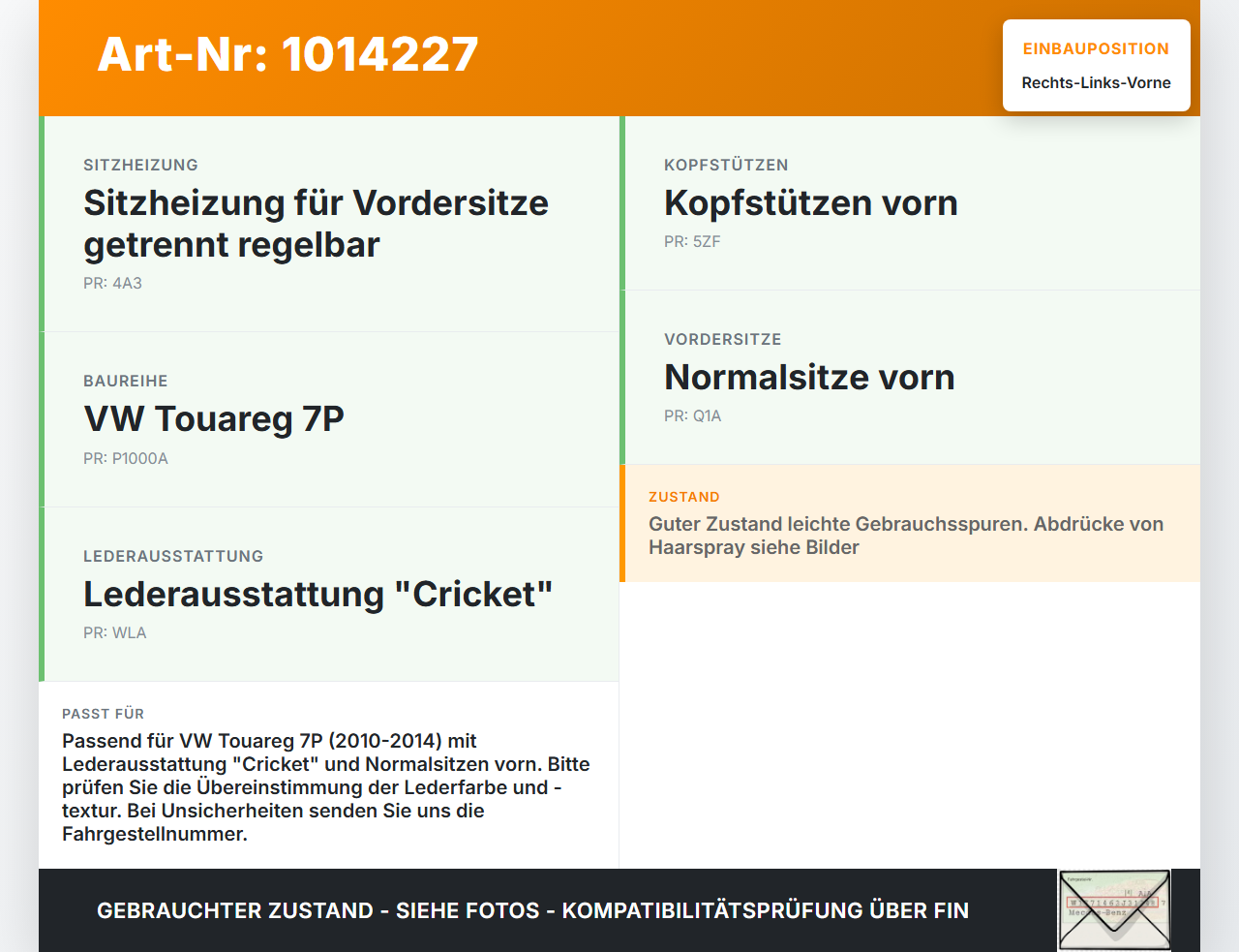 VW Touareg 7P 10-14 Leder Kopfstütze für Fahrer Sitz Rechts oder Links Vorne Leder VW Touareg 7P 10-14 11.10.2011... Vorschau 3