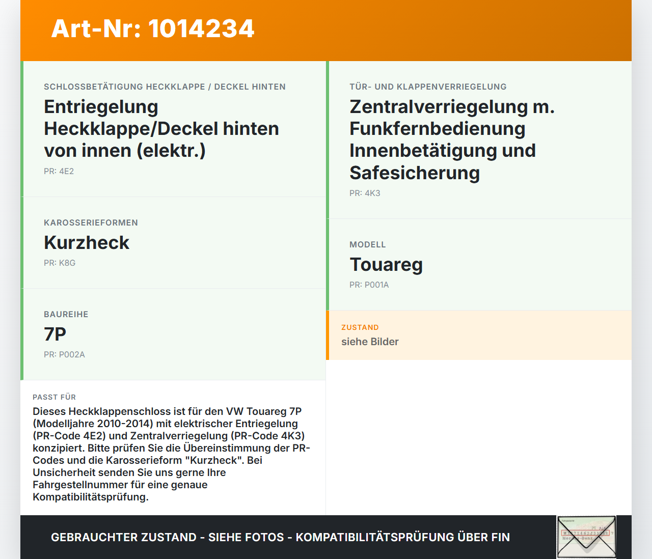 VW Touareg 7P 10-14 Schloss f. Heckklappe Heckklappenschloss Verriegelung VW Touareg 7P 10-14 11.10.2011 7P0827505G... Vorschau 3