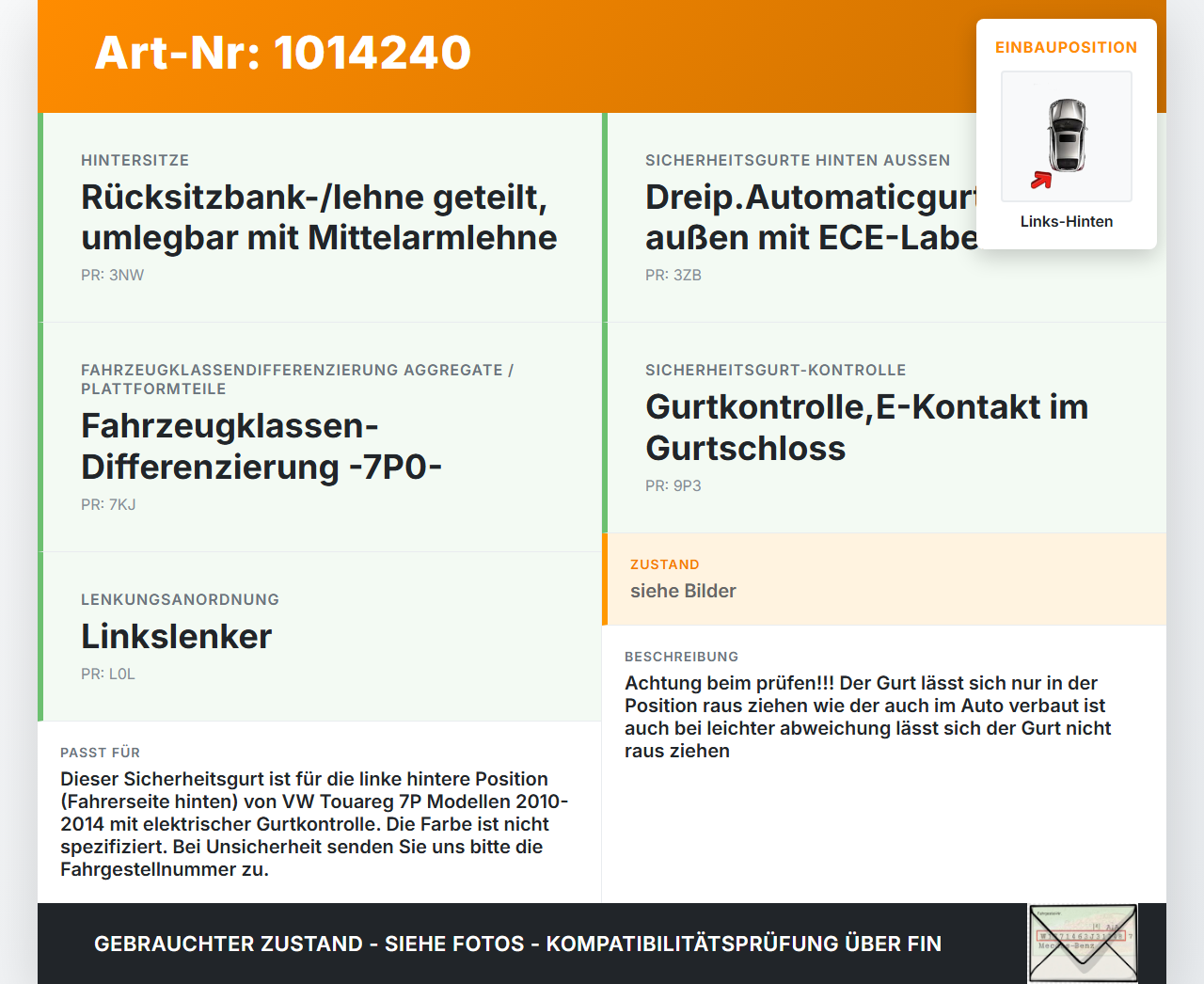VW Touareg 7P 10-14 Gurt Sicherheitsgurt Links Hinten VW Touareg 7P 10-14 11.10.2011 7P0857805C 21197908 gebraucht Vorschau 3