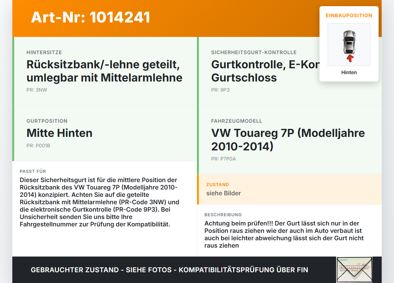 VW Touareg 7P 10-14 Gurt Sicherheitsgurt Mitte Hinten VW Touareg 7P 10-14 11.10.2011 306842599G48-AJ 7P0857807 gebraucht Vorschau 3
