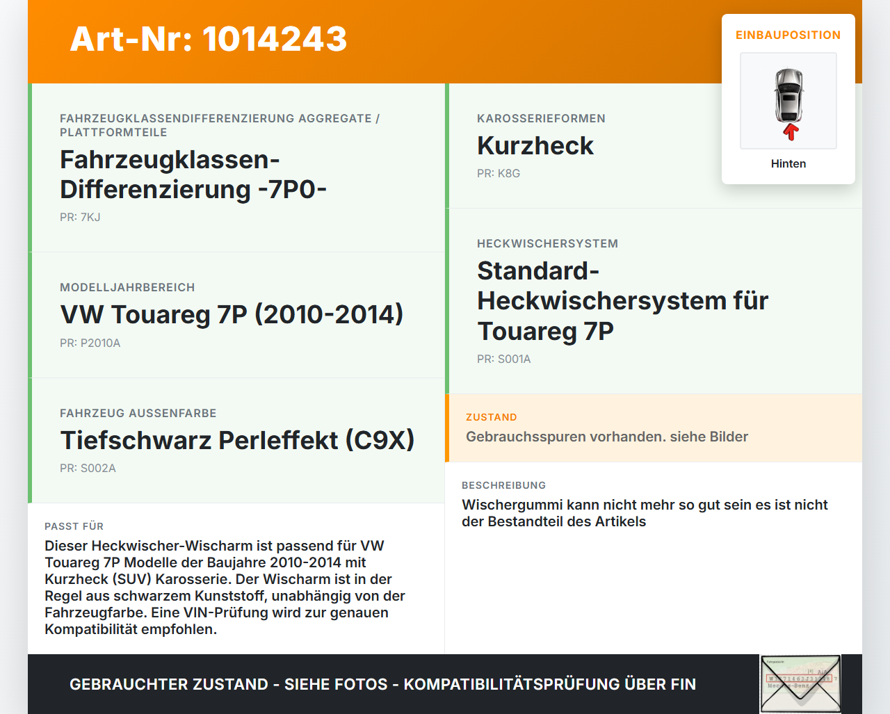 VW Touareg 7P 10-14 Heckwischer Scheibenwischer Hinten Wischarm VW Touareg 7P 10-14 11.10.2011 8R0955407 gebraucht Vorschau 3