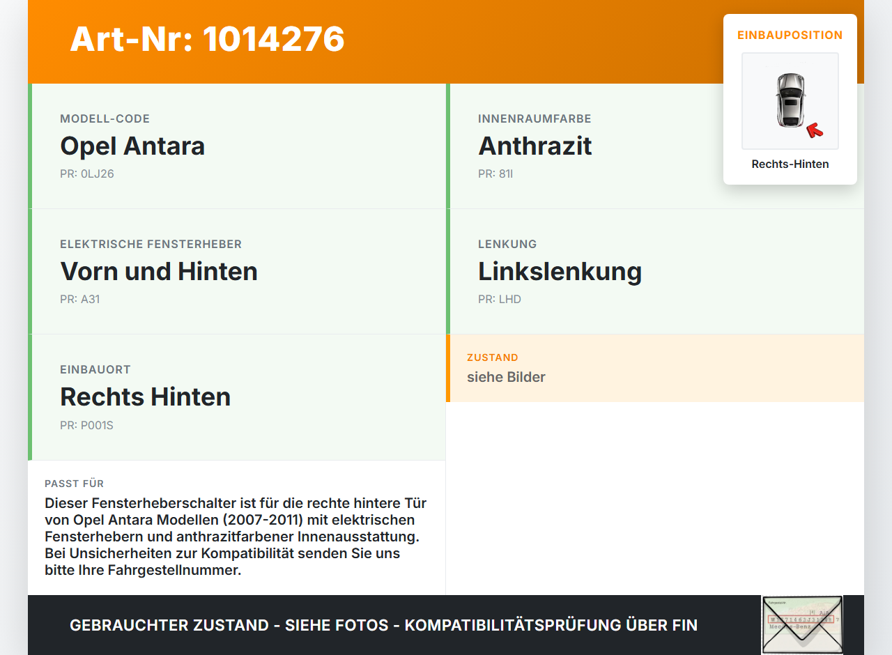 Opel Antara 07-11 Fensterheberschalter Schalter Rechts Hinten Opel Antara 07-11 17.02.2010 20752919 gebraucht Vorschau 3