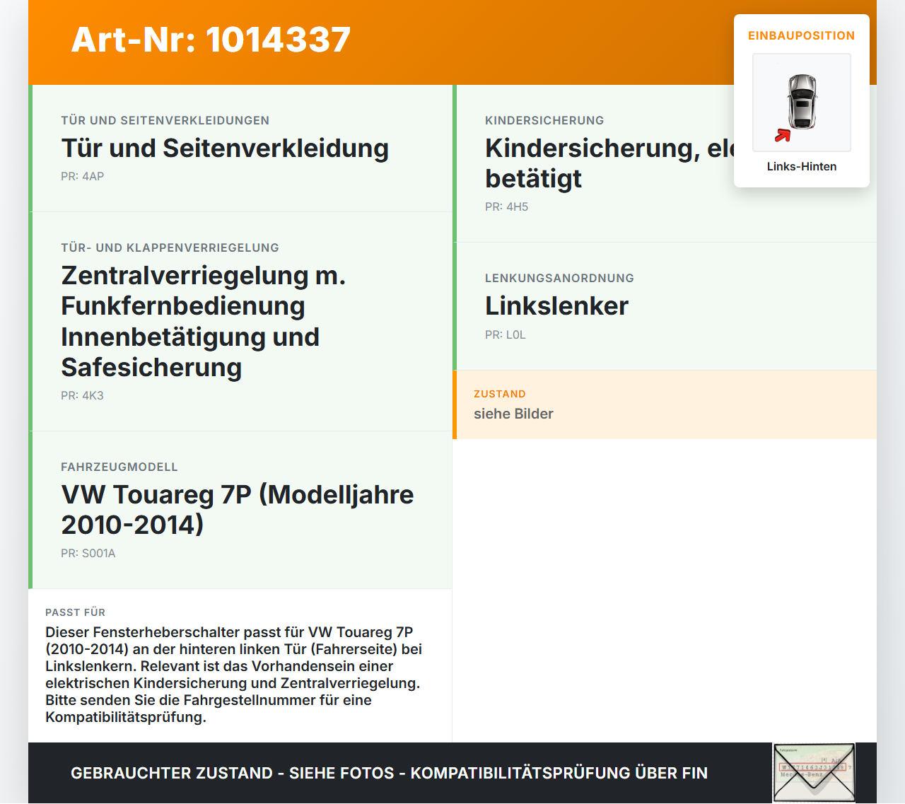 VW Touareg 7P 10-14 Fensterheberschalter Schalter Links Hinten VW Touareg 7P 10-14 11.10.2011 7L6959855B gebraucht Vorschau 3
