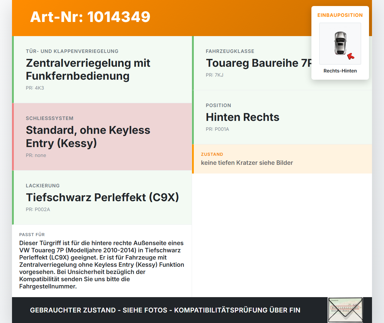 VW Touareg 7P 10-14 Türgriff Griff aussen Rechts Hinten LC9X VW Touareg 7P 10-14 11.10.2011 968397-101 7P6837206A... Vorschau 3