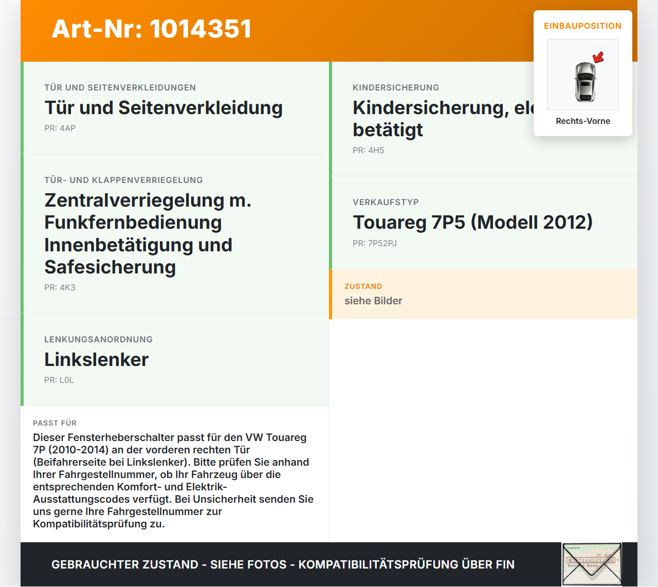 VW Touareg 7P 10-14 Fensterheberschalter Schalter Rechts Vorne VW Touareg 7P 10-14 11.10.2011 7L6959855B gebraucht Vorschau 3