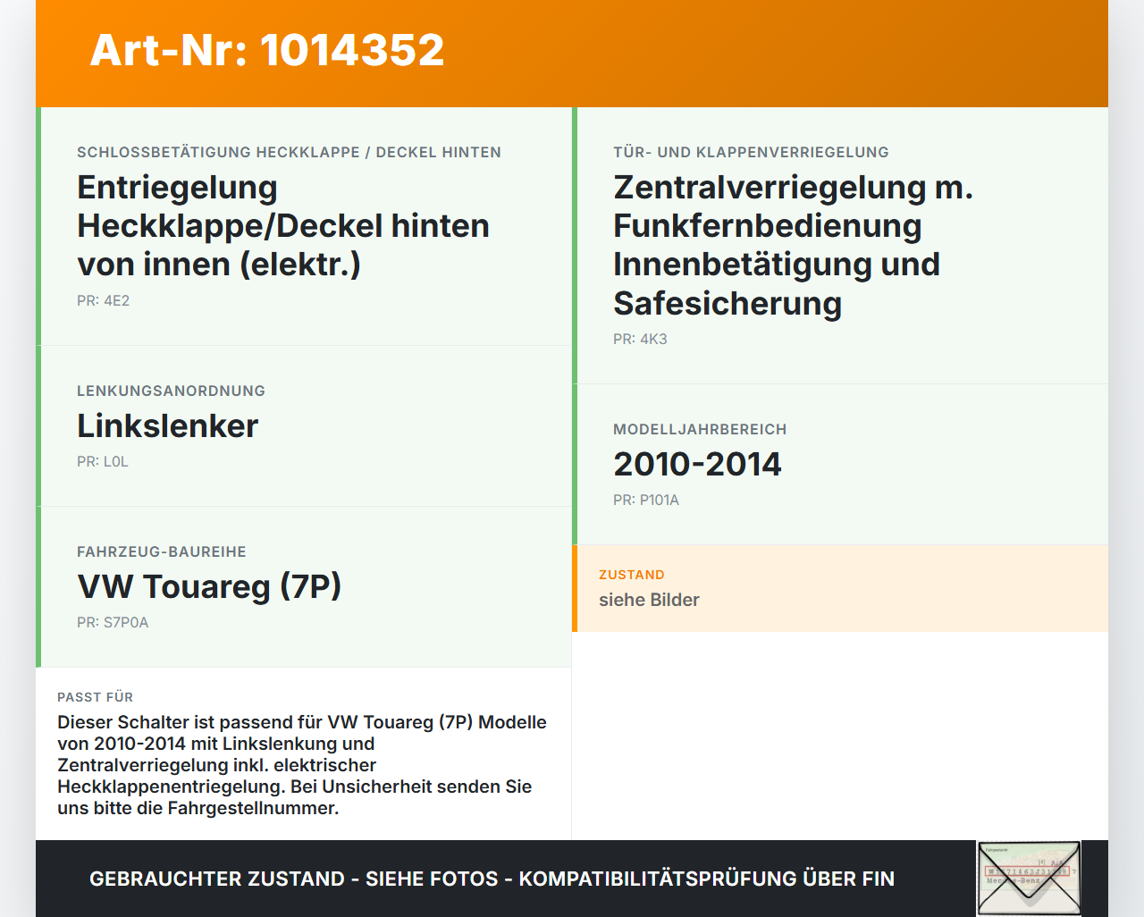 VW Touareg 7P 10-14 Schalter ZV Zentralverriegelung VW Touareg 7P 10-14 11.10.2011 7P6962126A 1441-06S gebraucht Vorschau 3