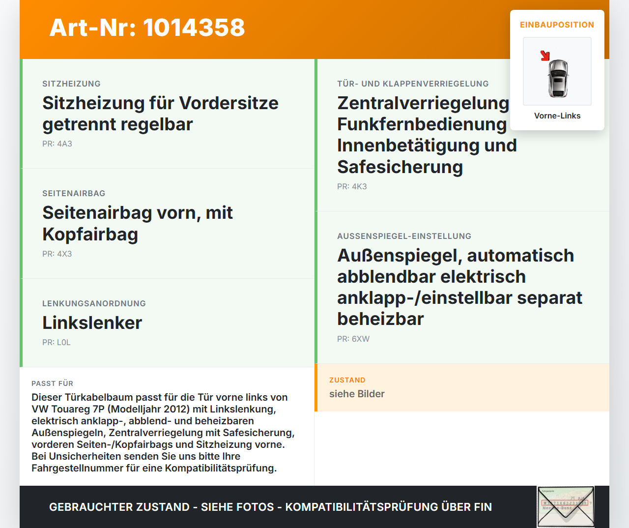 VW Touareg 7P 10-14 Kabelbaum Türkabelbaum für Tür Vorne Rechts VW Touareg 7P 10-14 11.10.2011 7P6971161FL... Vorschau 3