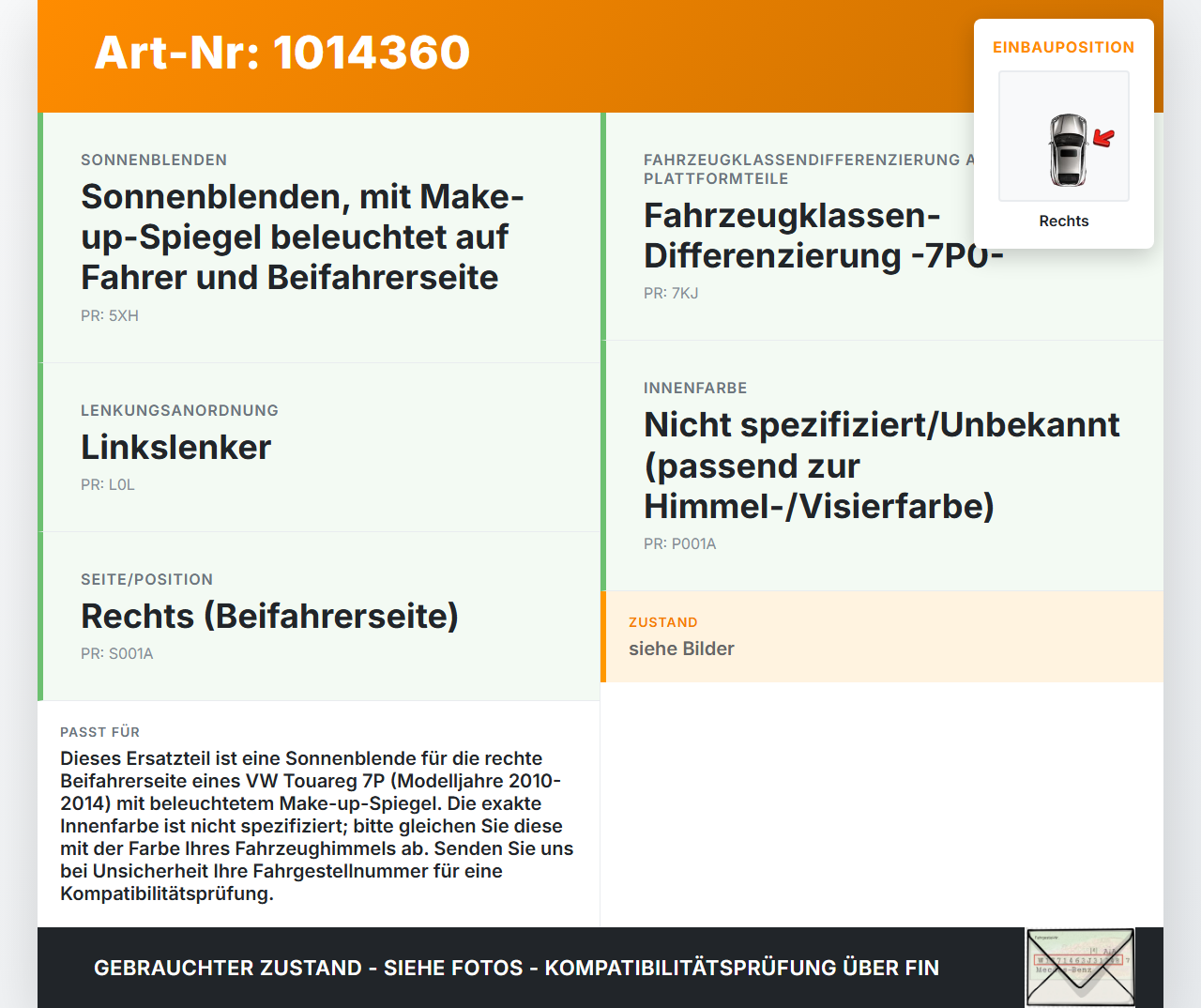 VW Touareg 7P 10-14 Sonnenblende Rechts für Beifahrer VW Touareg 7P 10-14 11.10.2011 7P0857552 gebraucht Vorschau 3