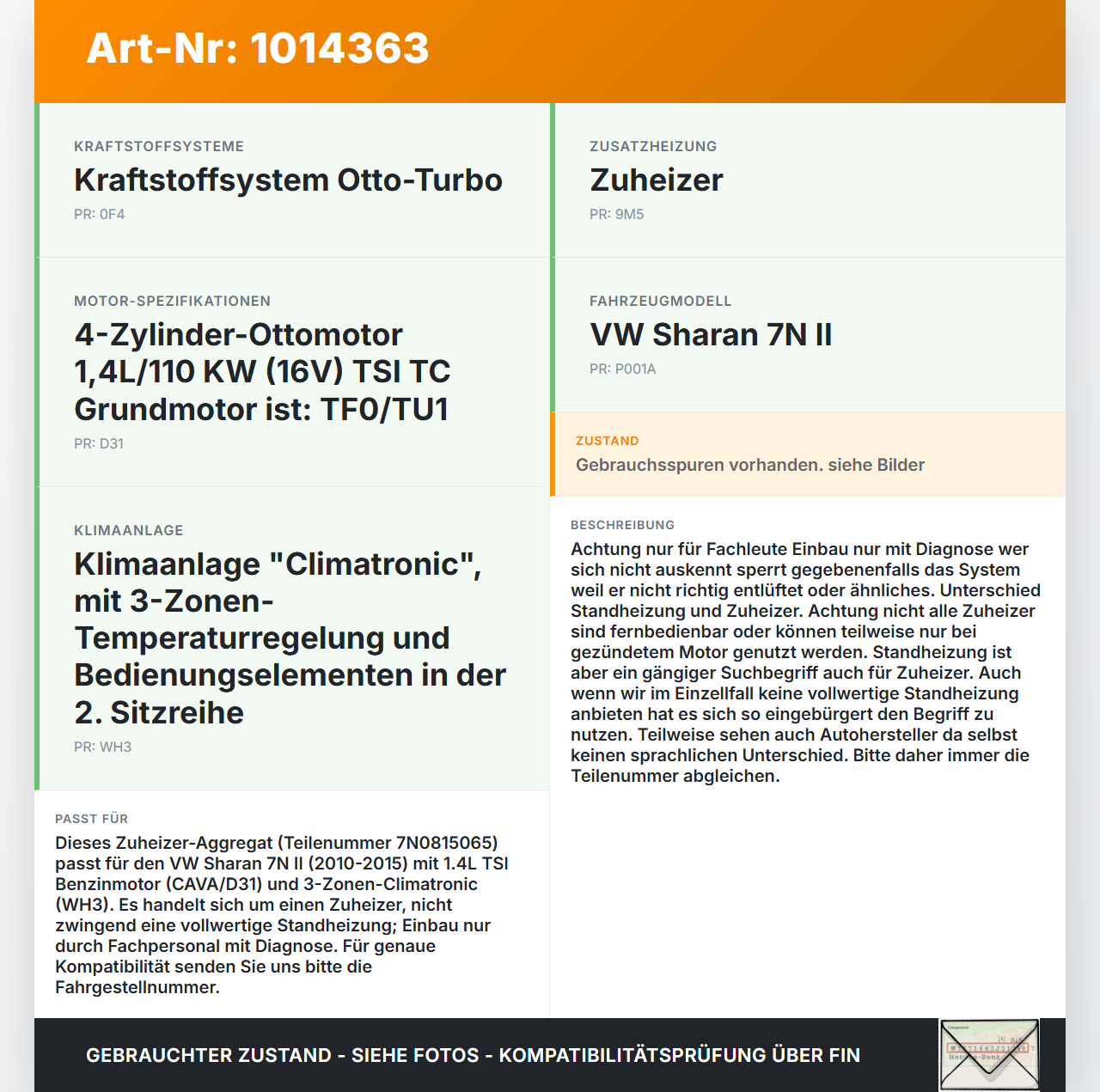 VW Sharan 7N II 10-15 Standheizung Zuheizer Orig. Webasto Thermo Top V VW Sharan 7N II 10-15 19.03.2012 7N0815065... Vorschau 3