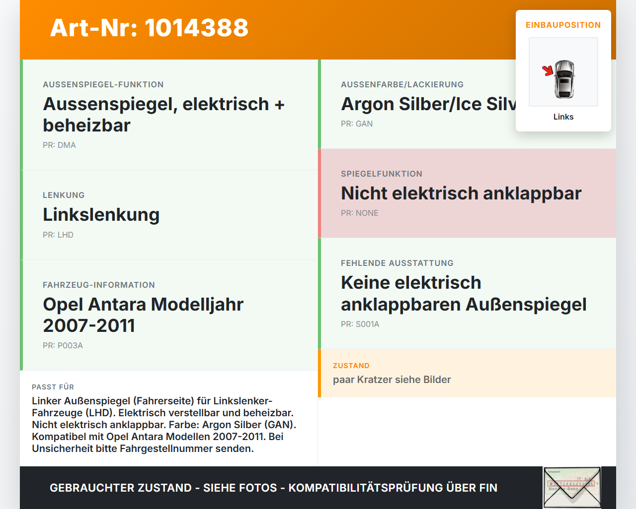 Opel Antara 07-11 Spiegel Aussenspiegel Links GAN Opel Antara 07-11 17.02.2010 96660603 gebraucht Vorschau 3
