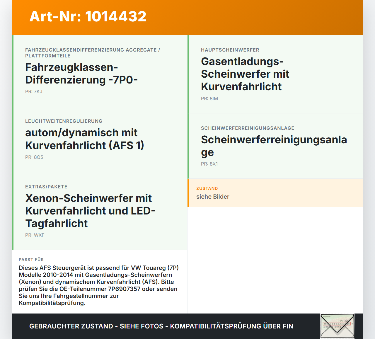 VW Touareg 7P 10-14 AFS Steuergerät Lichtkontrolle ECU Modul VW Touareg 7P 10-14 11.10.2011 5WK50280 7P6907357 gebraucht Vorschau 3