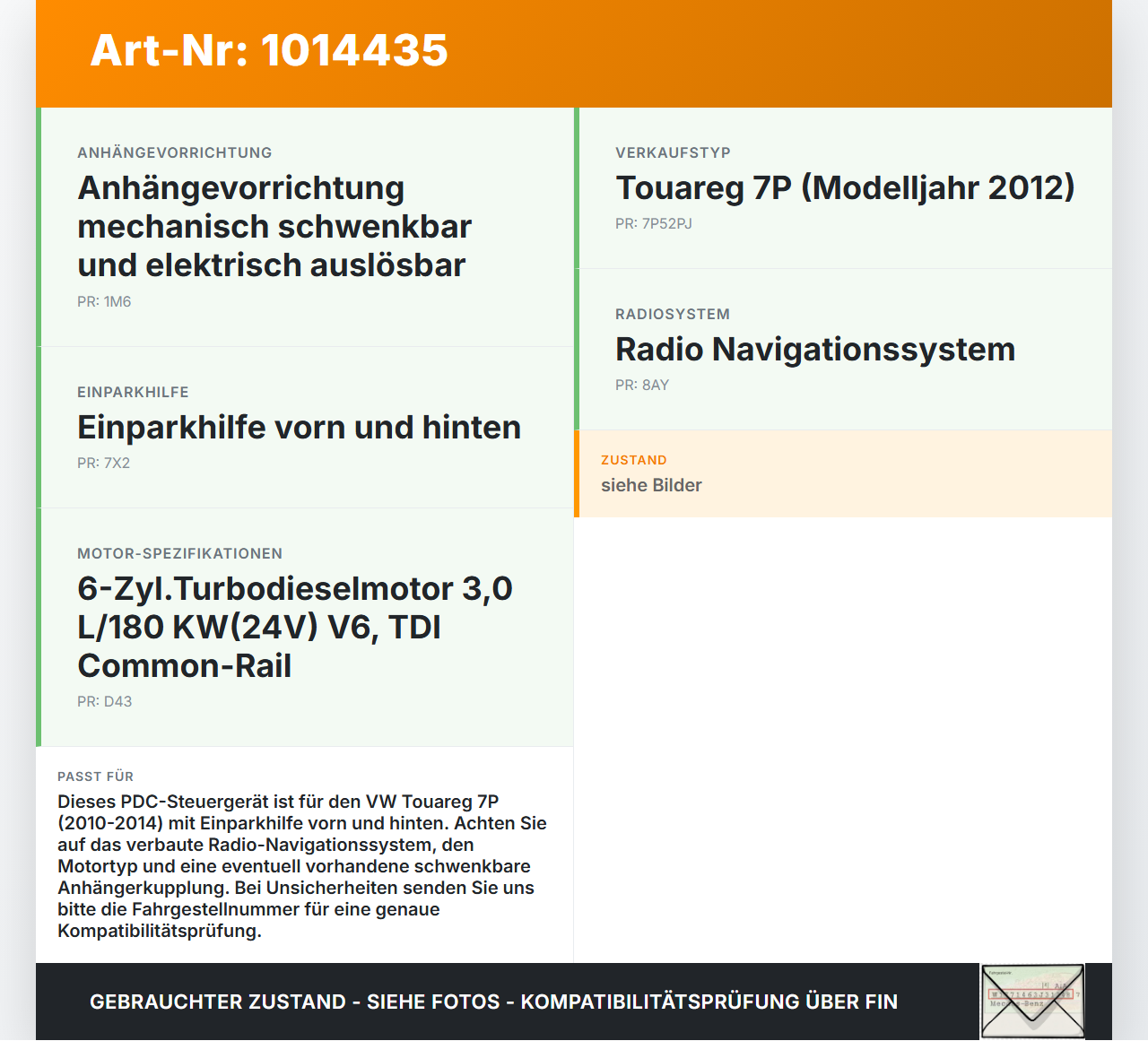 VW Touareg 7P 10-14 Steuergerät ECU Modul Einparkhilfe PDC SG VW Touareg 7P 10-14 11.10.2011 7P6919475B 7N0919475... Vorschau 3