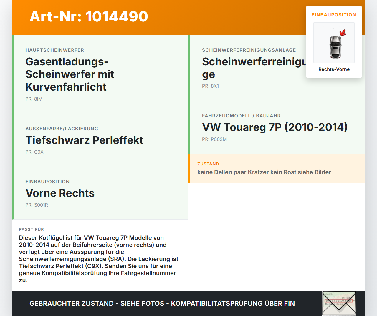 VW Touareg 7P 10-14 Kotflügel Rechts Vorne VW Touareg 7P 10-14 11.10.2011 7P6845022 gebraucht Vorschau 3