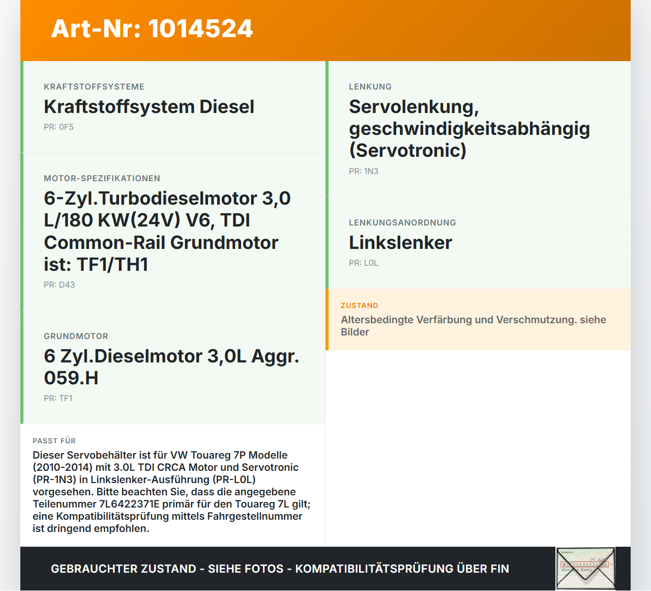 VW Touareg 7P 10-14 Servo Behälter Servobehälter Servoleitung VW Touareg 7P 10-14 11.10.2011 7L6422371E gebraucht Vorschau 3