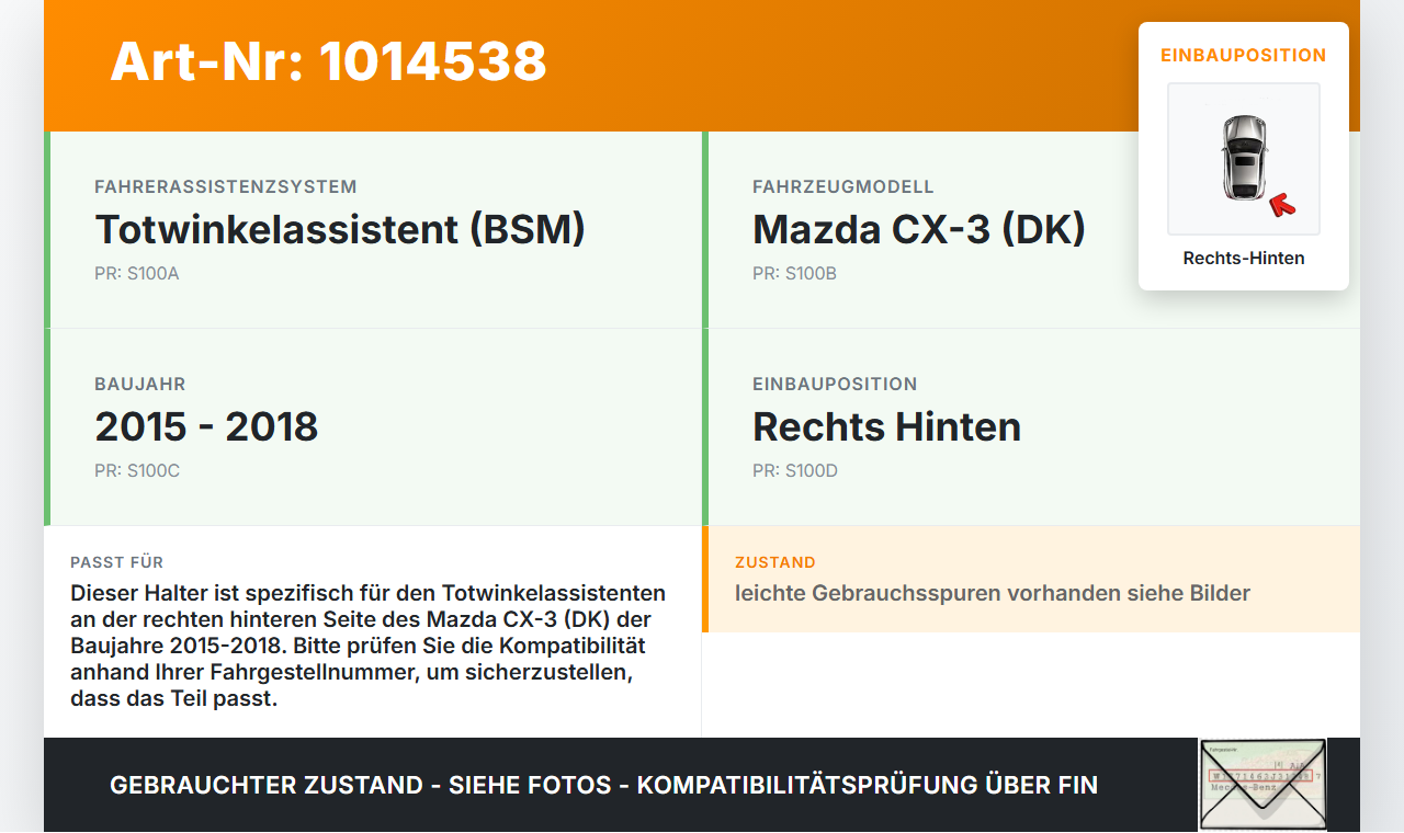 Mazda CX-3 DK 15-18 2,0 88KW Halter Halterung für Totwinkelassistent Rechts Hinten Mazda CX-3 DK 15-18 11.05.2017... Vorschau 3