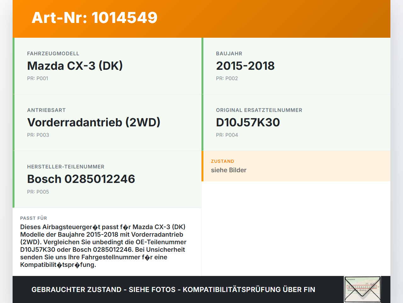 Mazda CX-3 DK 15-18 Airbag Steuergerät Airbagsteuergerät Mazda CX-3 DK 15-18 11.05.2017 D10J57K30 0285012246... Vorschau 3