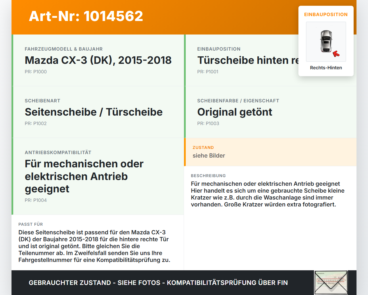 Mazda CX-3 DK 15-18 Seitenscheibe RHK Türscheibe Rechts Hinten Orig. getönt Mazda CX-3 DK 15-18 11.05.2017 gebraucht Vorschau 3