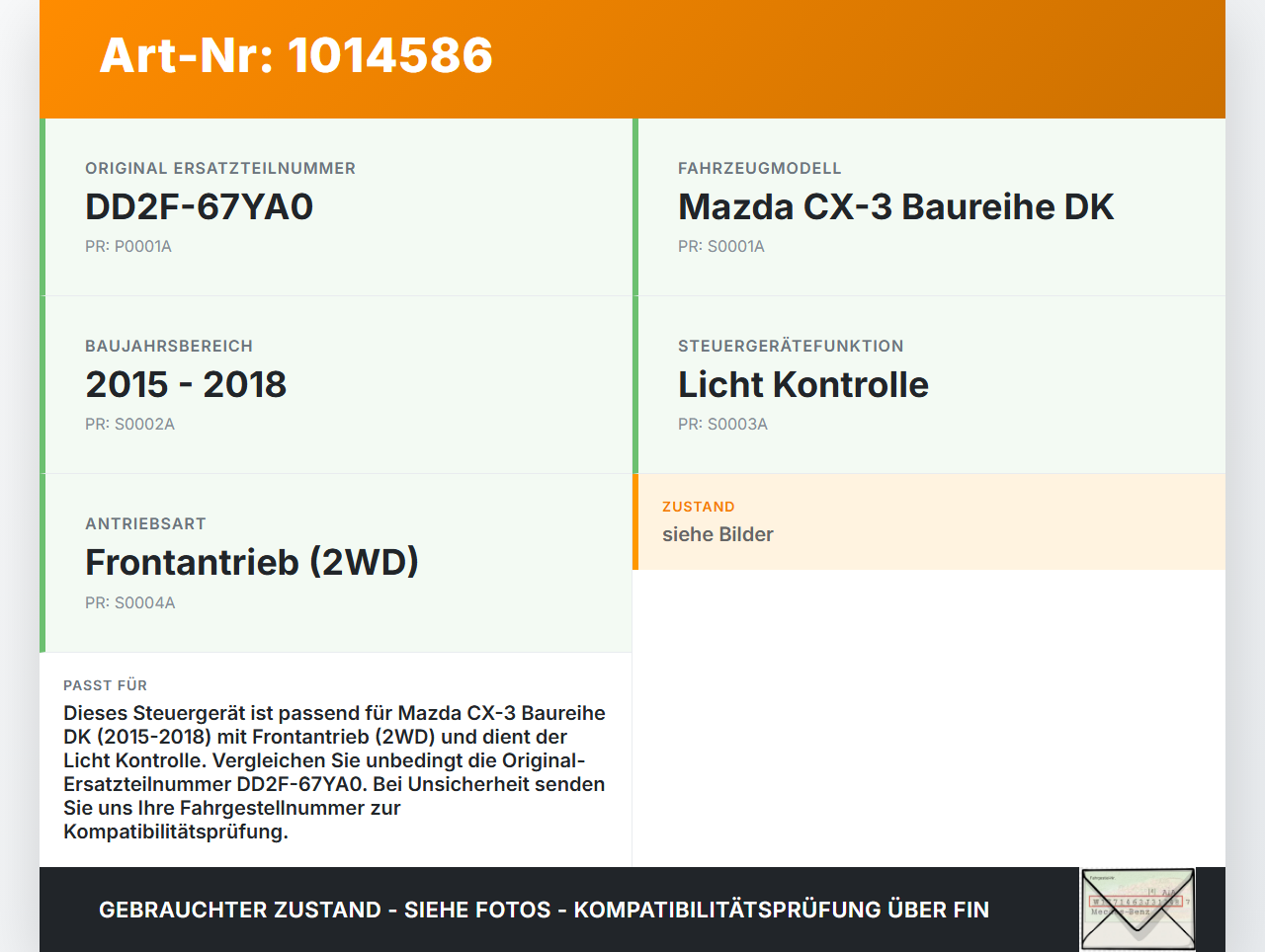 Mazda CX-3 DK 15-18 Steuergerät ECU Licht Kontrolle Mazda CX-3 DK 15-18 11.05.2017 DD2F-67YA0 gebraucht Vorschau 3