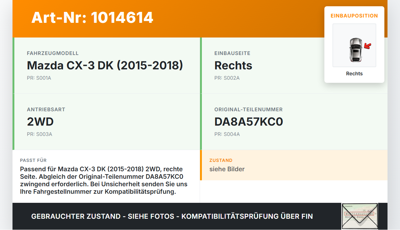 Mazda CX-3 DK 15-18 Airbagsensor Crashsensor Sensor Rechts Mazda CX-3 DK 15-18 11.05.2017 DA8A57KC0 170104300 gebraucht Vorschau 3
