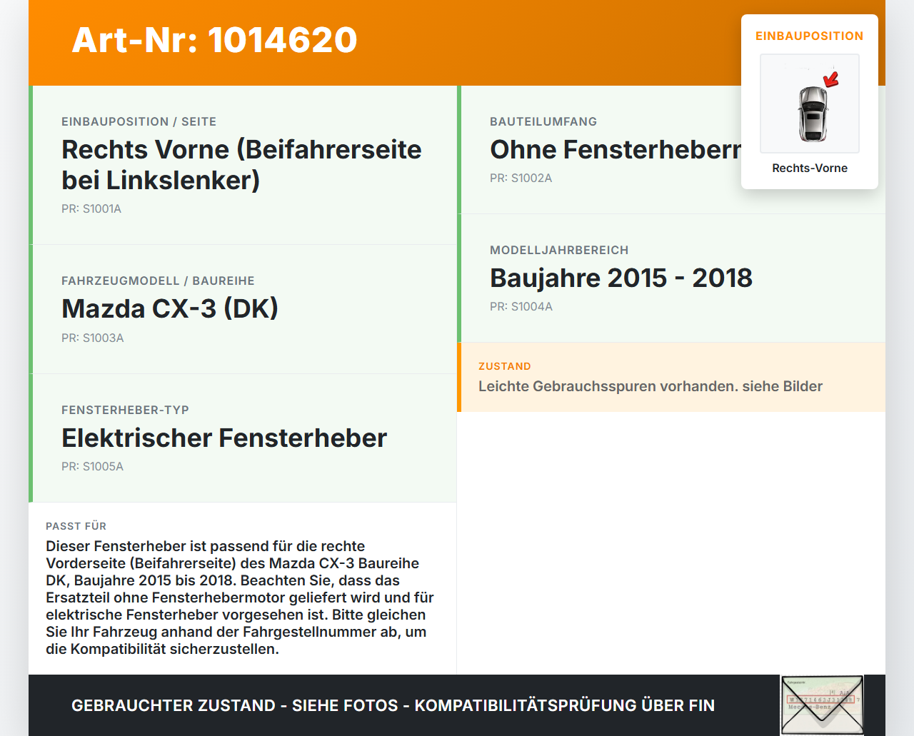 Mazda CX-3 DK 15-18 Fensterheber o. FH-Motor Rechts Vorne Mazda CX-3 DK 15-18 11.05.2017 gebraucht Vorschau 3