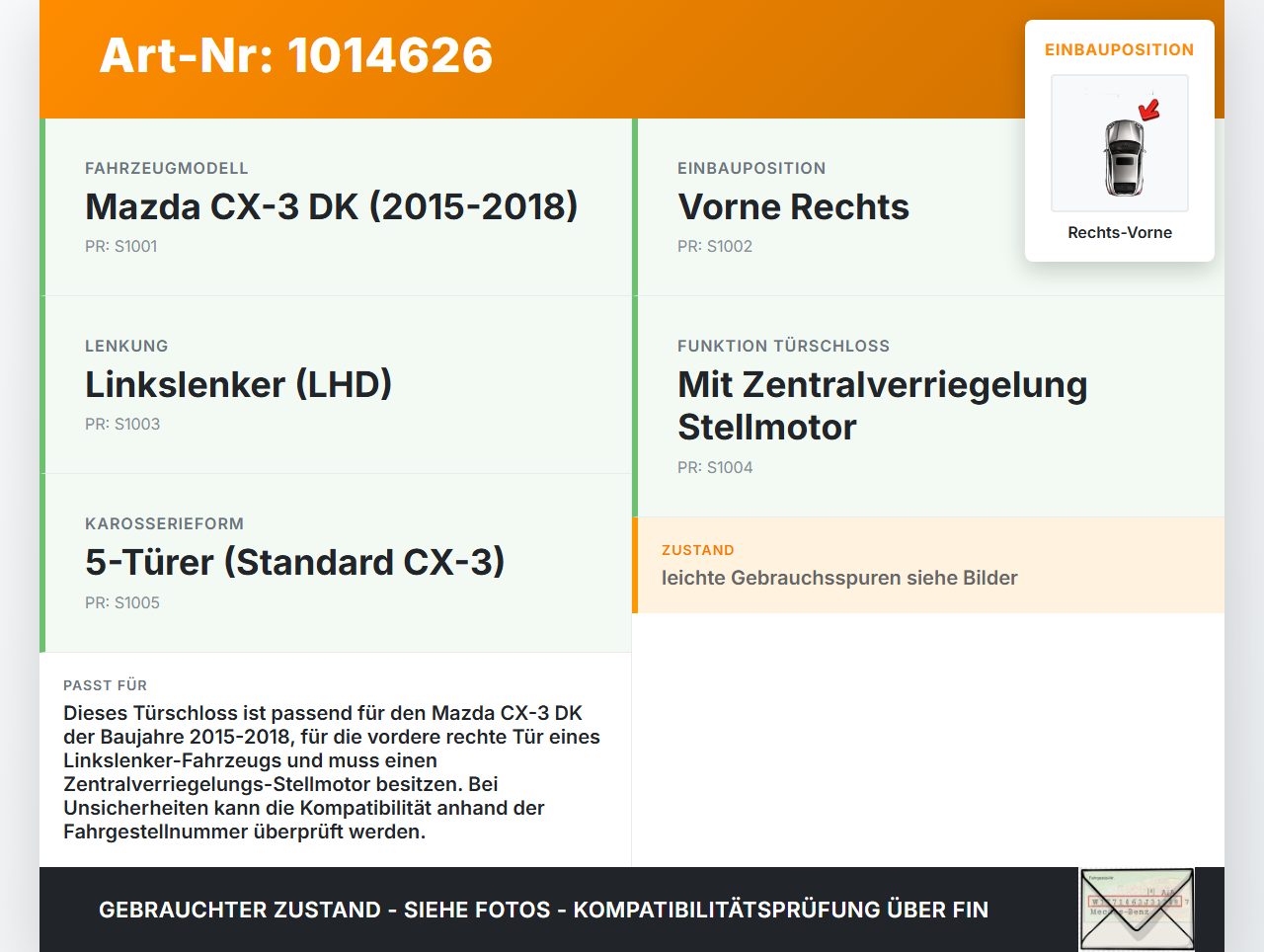 Mazda CX-3 DK 15-18 Türschloss m. ZV Stellmotor Rechts Vorne Mazda CX-3 DK 15-18 11.05.2017 7B15-D0597 gebraucht Vorschau 3