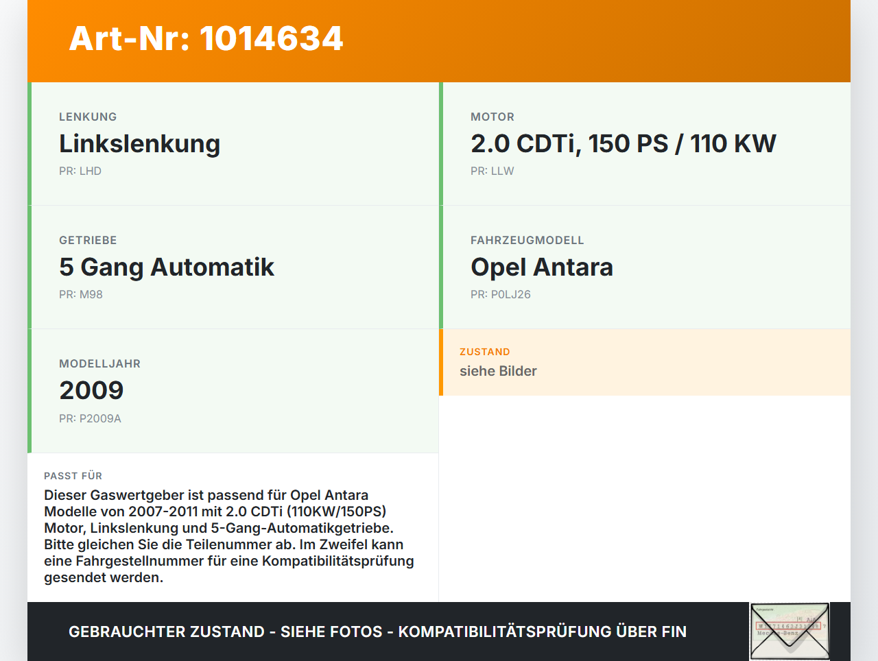 Opel Antara 07-11 20 110KW Gaswertgeber Gaspedal Opel Antara 07-11 17.02.2010 96625893 JY-09D-27-0372 gebraucht Vorschau 3