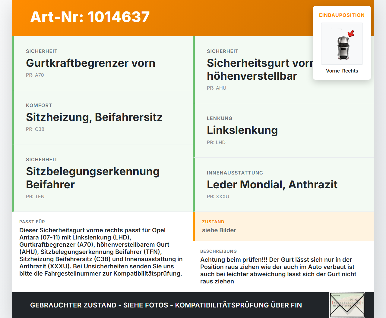 Opel Antara 07-11 Sicherheitsgurt Gurtstraffer Gurt Vorne Rechts Opel Antara 07-11 17.02.2010 96878875 SG-626... Vorschau 3