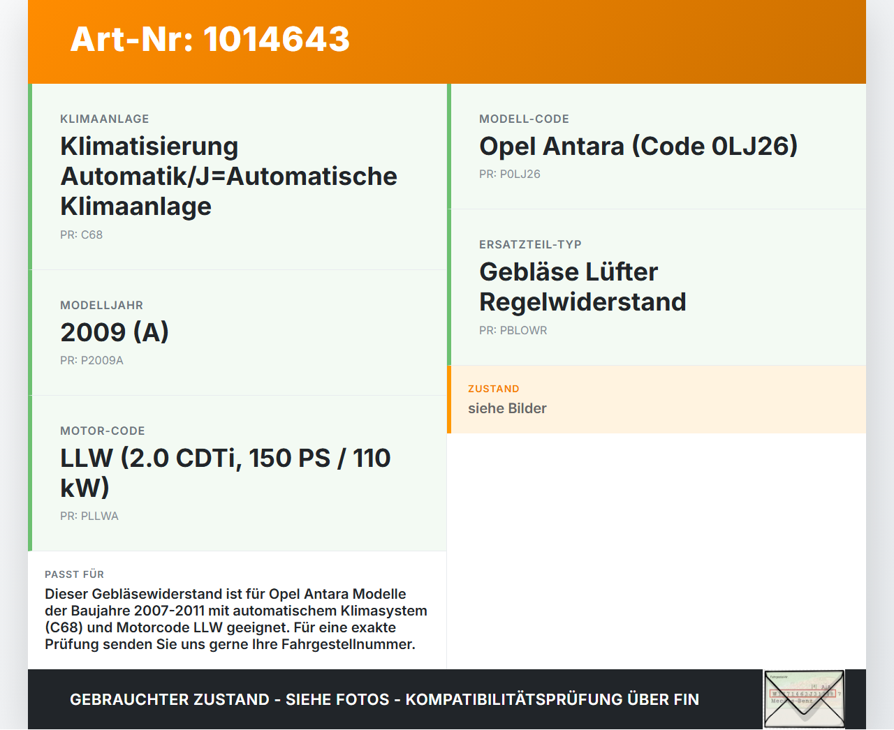Opel Antara 07-11 Widerstand Gebläse Lüfter Regelwiderstand Opel Antara 07-11 17.02.2010 09E07A6 gebraucht Vorschau 3
