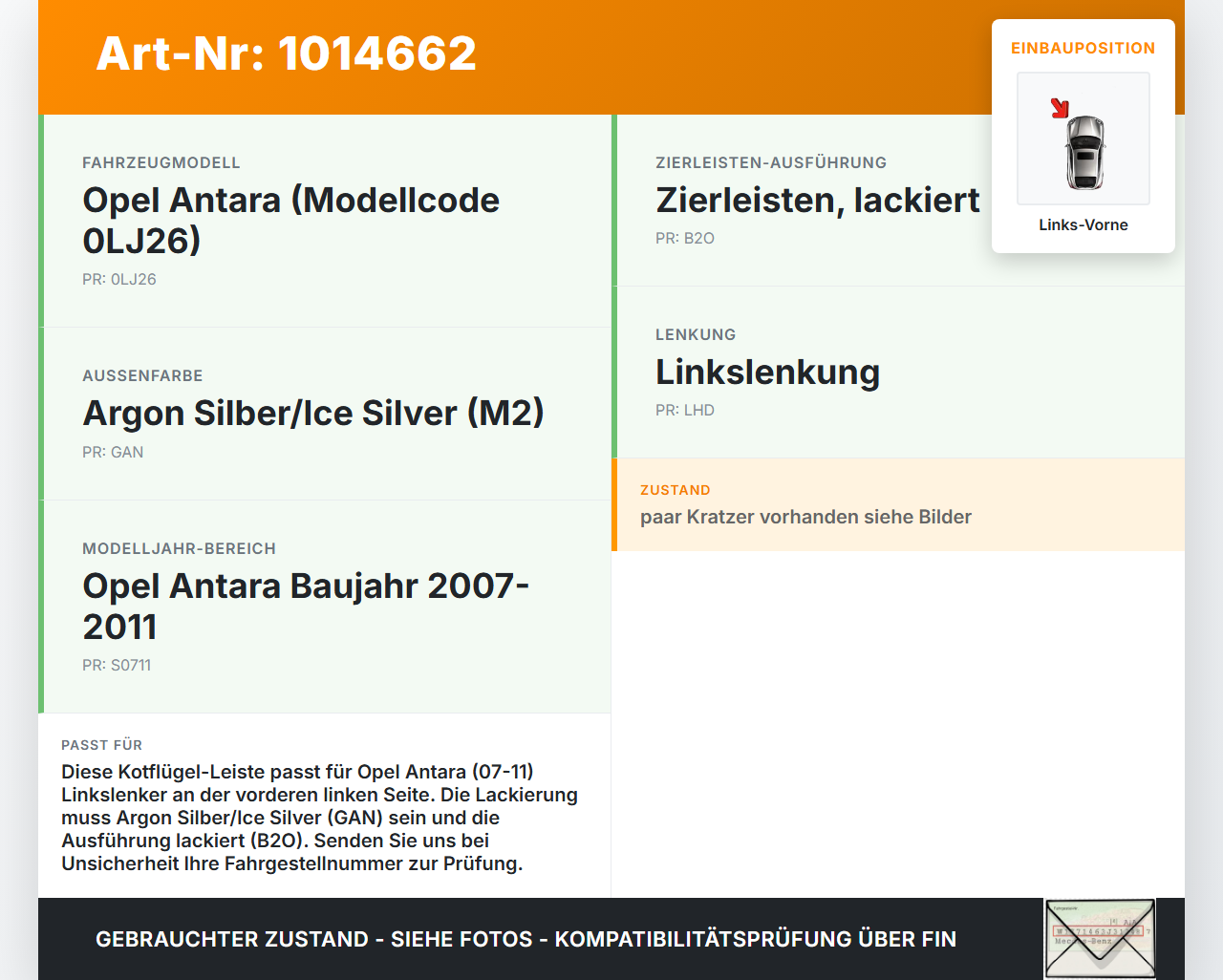 Opel Antara 07-11 Kotflügel Leiste Zierleiste Beplankung Links Vorne GAN Opel Antara 07-11 17.02.2010 gebraucht Vorschau 3