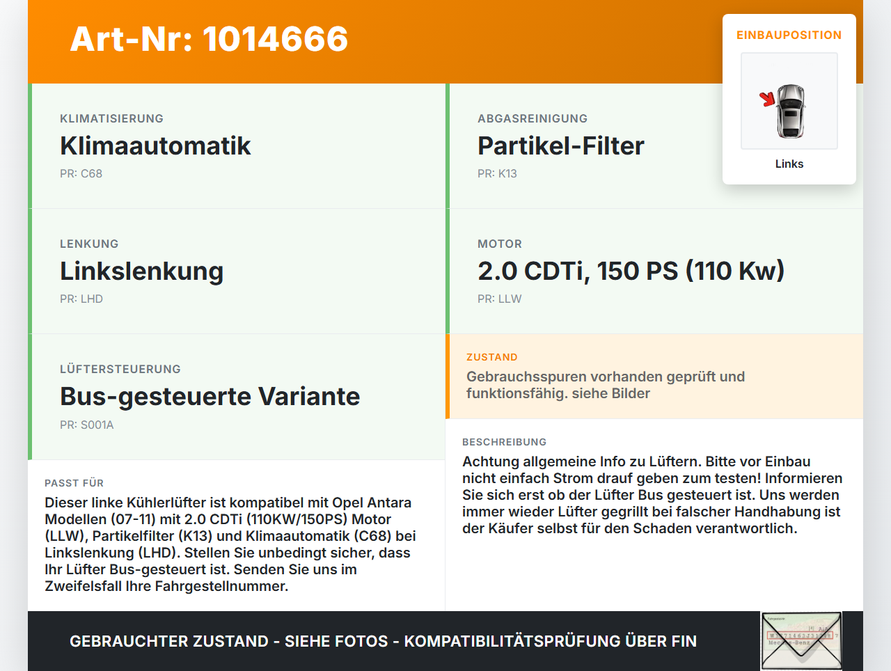 Opel Antara 07-11 20 110KW Lüfter Ventilator f. Kühler Links Opel Antara 07-11 17.02.2010 93743534 4805159 gebraucht Vorschau 3