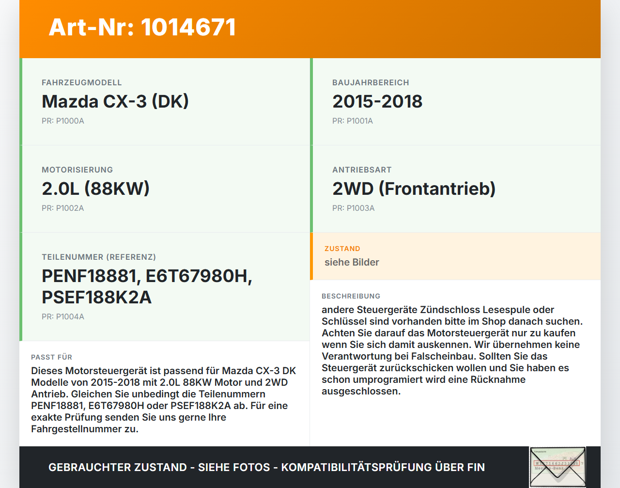 Mazda CX-3 DK 15-18 2,0 88KW Steuergerät ECU für Motor Motorsteuergerät Mazda CX-3 DK 15-18 11.05.2017 PENF18881... Vorschau 3