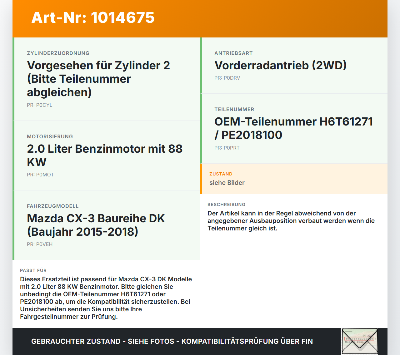 Mazda CX-3 DK 15-18 2,0 88KW Zündspule Zyl.2 Mazda CX-3 DK 15-18 11.05.2017 H6T61271 PE2018100 gebraucht Vorschau 3