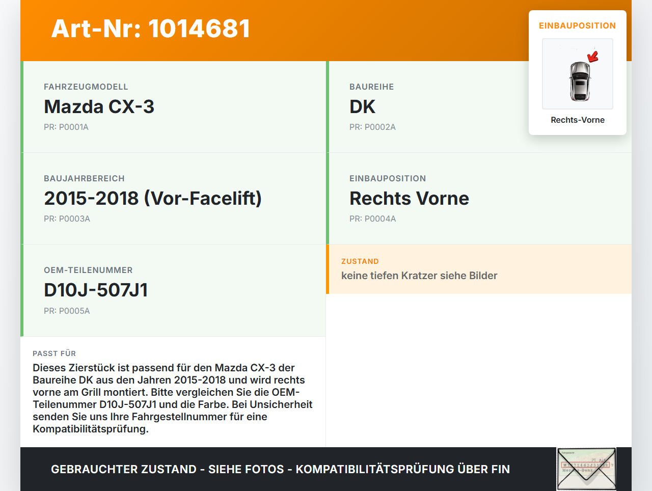 Mazda CX-3 DK 15-18 Frontblende Frontleiste Zierstück für Grill Rechts Vorne Mazda CX-3 DK 15-18 11.05.2017... Vorschau 3