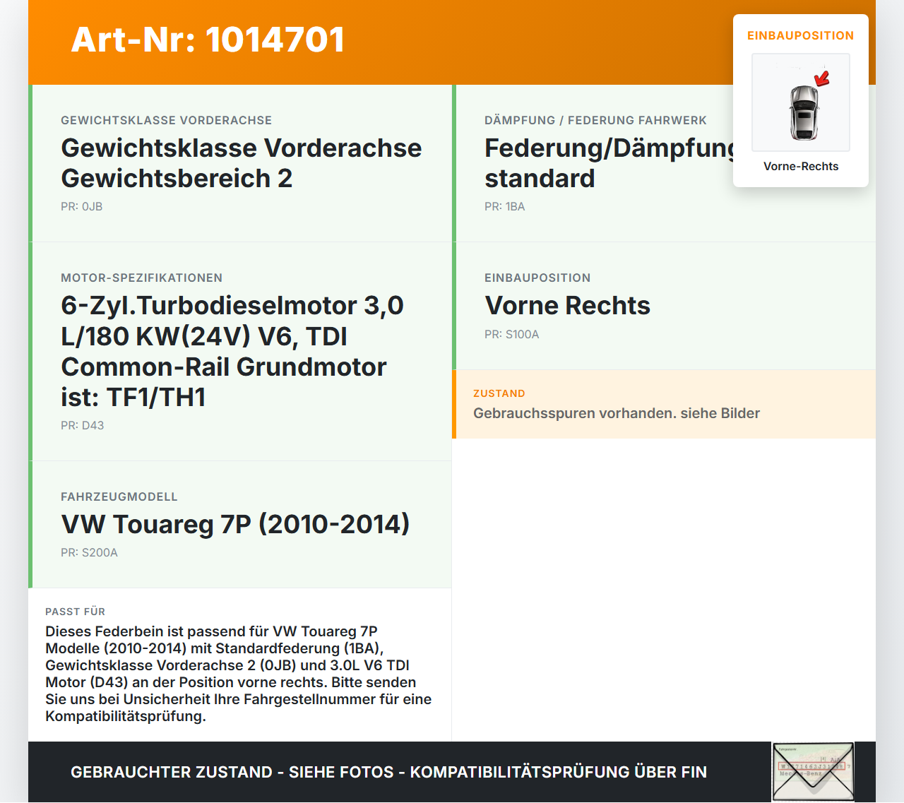 VW Touareg 7P 10-14 Stossdämpfer Federbein Vorne Rechts VW Touareg 7P 10-14 11.10.2011 7P6413032AJ gebraucht Vorschau 3