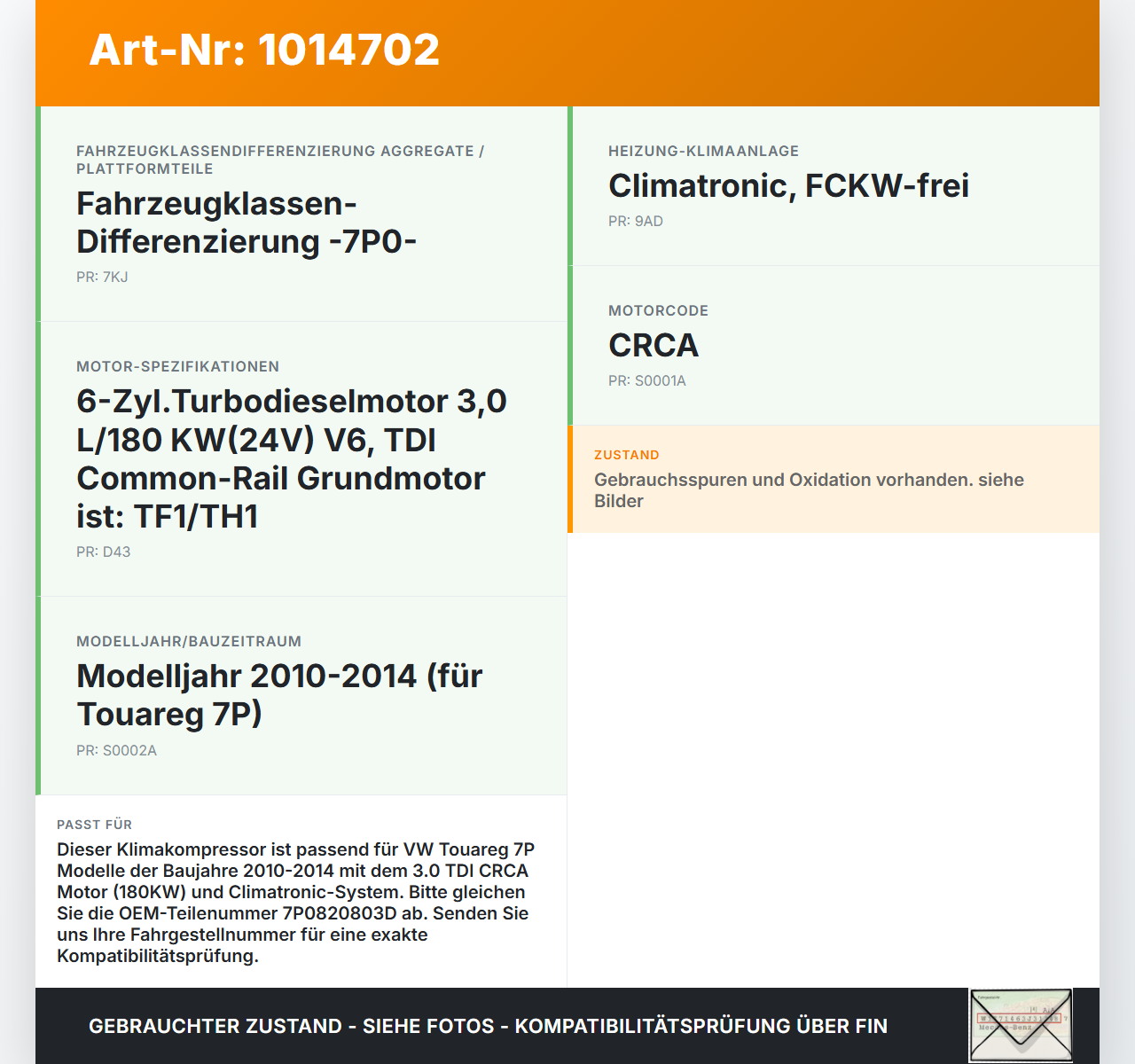 VW Touareg 7P 10-14 3,0 180KW Klimakompressor Klima Kompressor VW Touareg 7P 10-14 11.10.2011 7P0820803D... Vorschau 3