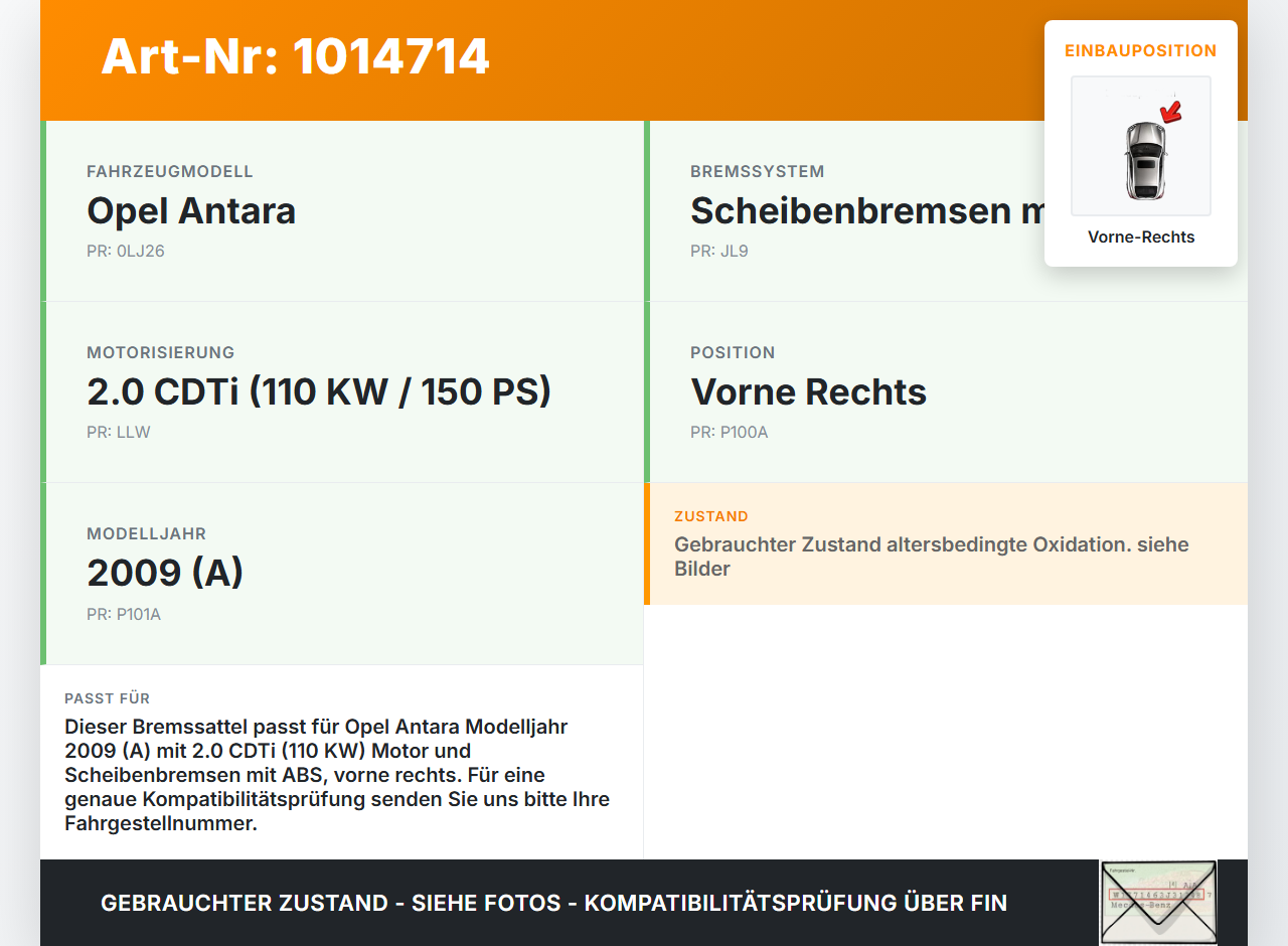 Opel Antara 07-11 20 110KW Bremssattel Bremszange Vorne Rechts Opel Antara 07-11 17.02.2010 DC160103 gebraucht Vorschau 3