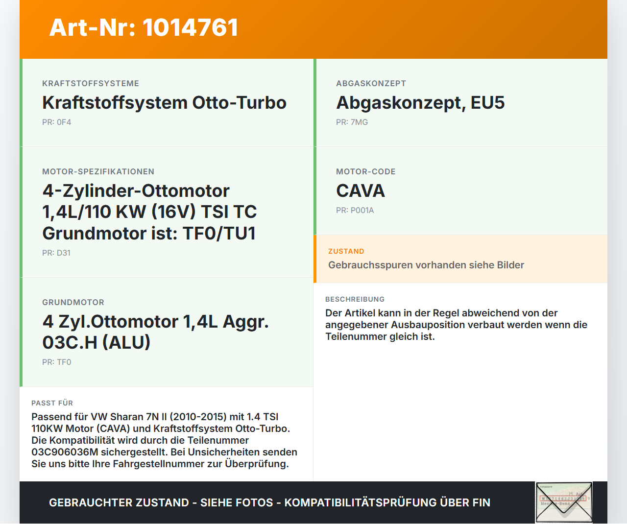VW Sharan 7N II 10-15 TSI 1,4 110KW Injektor Einspritzdüse Zyl.4 VW Sharan 7N II 10-15 19.03.2012 03C906036M gebraucht Vorschau 3