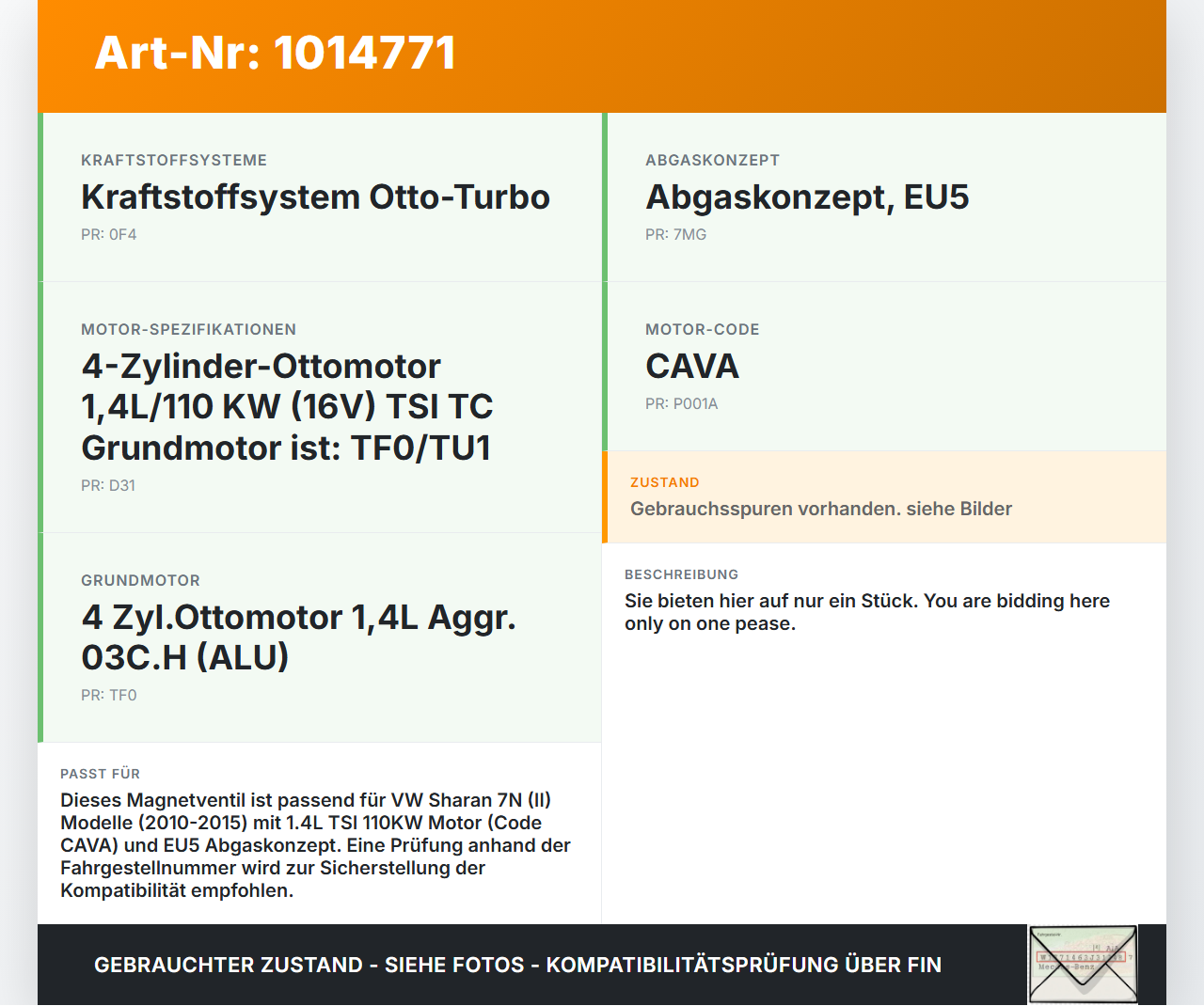 VW Sharan 7N II 10-15 TSI 1,4 110KW Magnetventil Öldruckregler VW Sharan 7N II 10-15 19.03.2012 03C906455A gebraucht Vorschau 3
