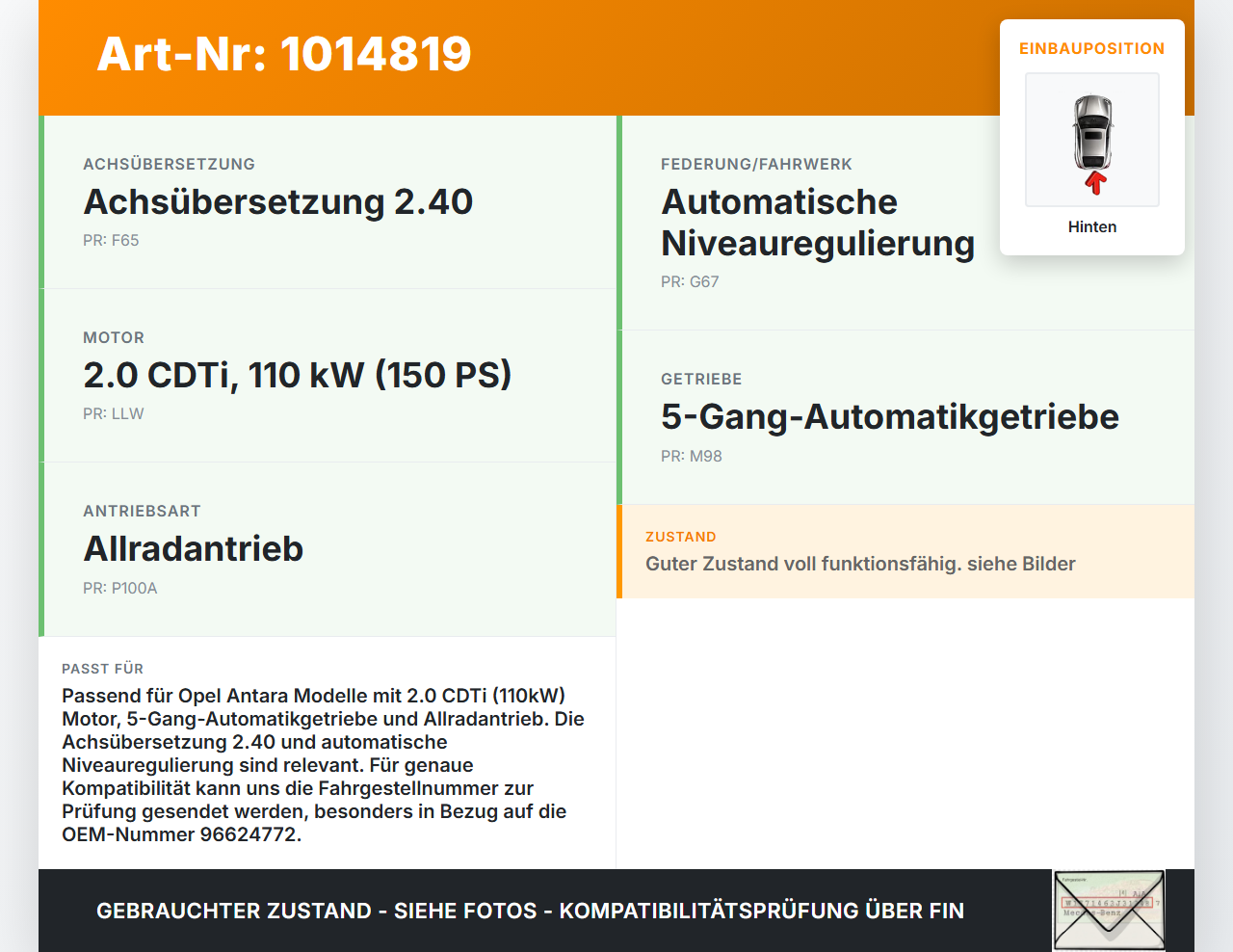 Opel Antara 07-11 20 110KW Kardanwelle Hinten Opel Antara 07-11 17.02.2010 96624771 96624772 gebraucht Vorschau 3