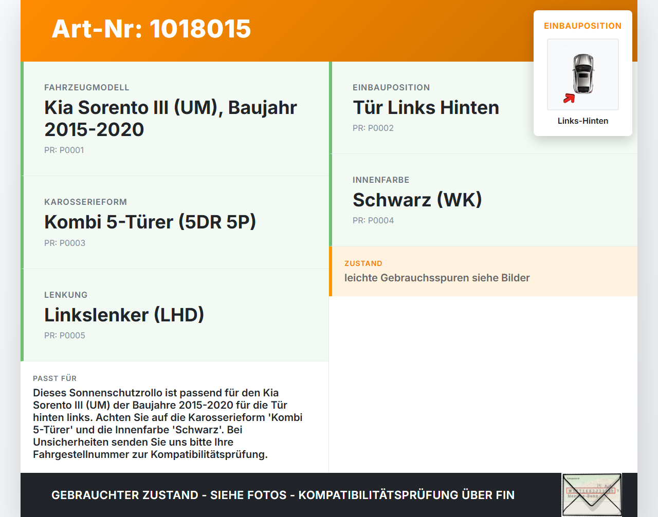 Kia Sorento III UM 15-20 Sonnenschutzrollo Rollo für Tür Links Hinten Kia Sorento III UM 15-20 11.10.2018... Vorschau 3