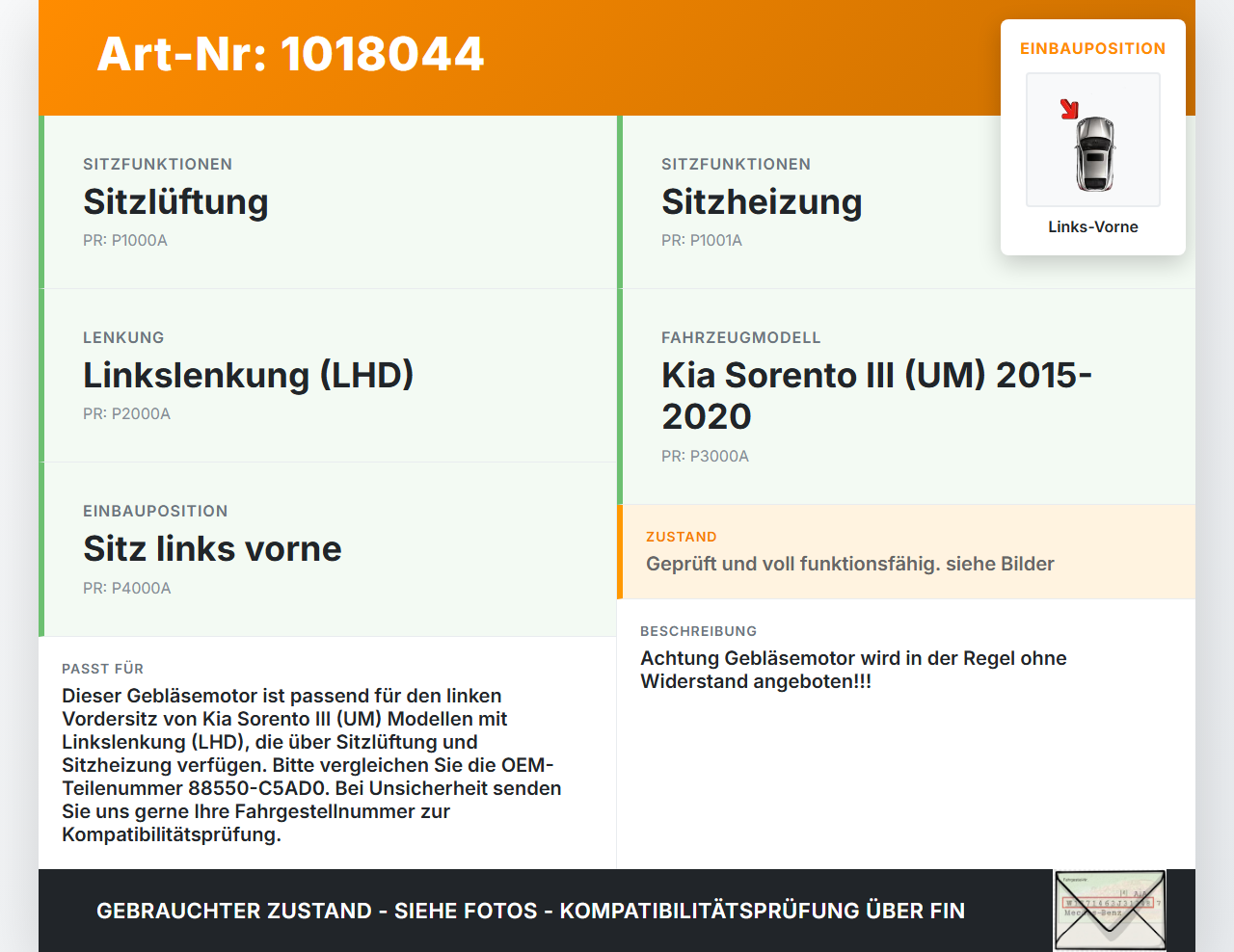 Kia Sorento III UM 15-20 Gebläsemotor Lüftermotor Heizungsgebläse für Sitz Links Vorne Kia Sorento III UM 15-20... Vorschau 3