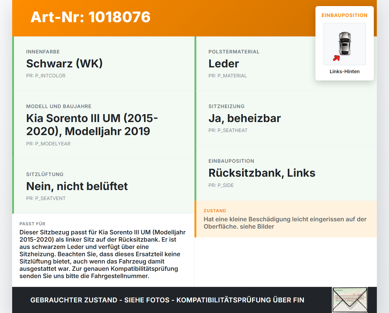 Kia Sorento III UM 15-20  Leder Sitzbezug Sitzpolster Links für Rücksitzbank Hinten beheizt Kia Sorento III UM... Vorschau 3