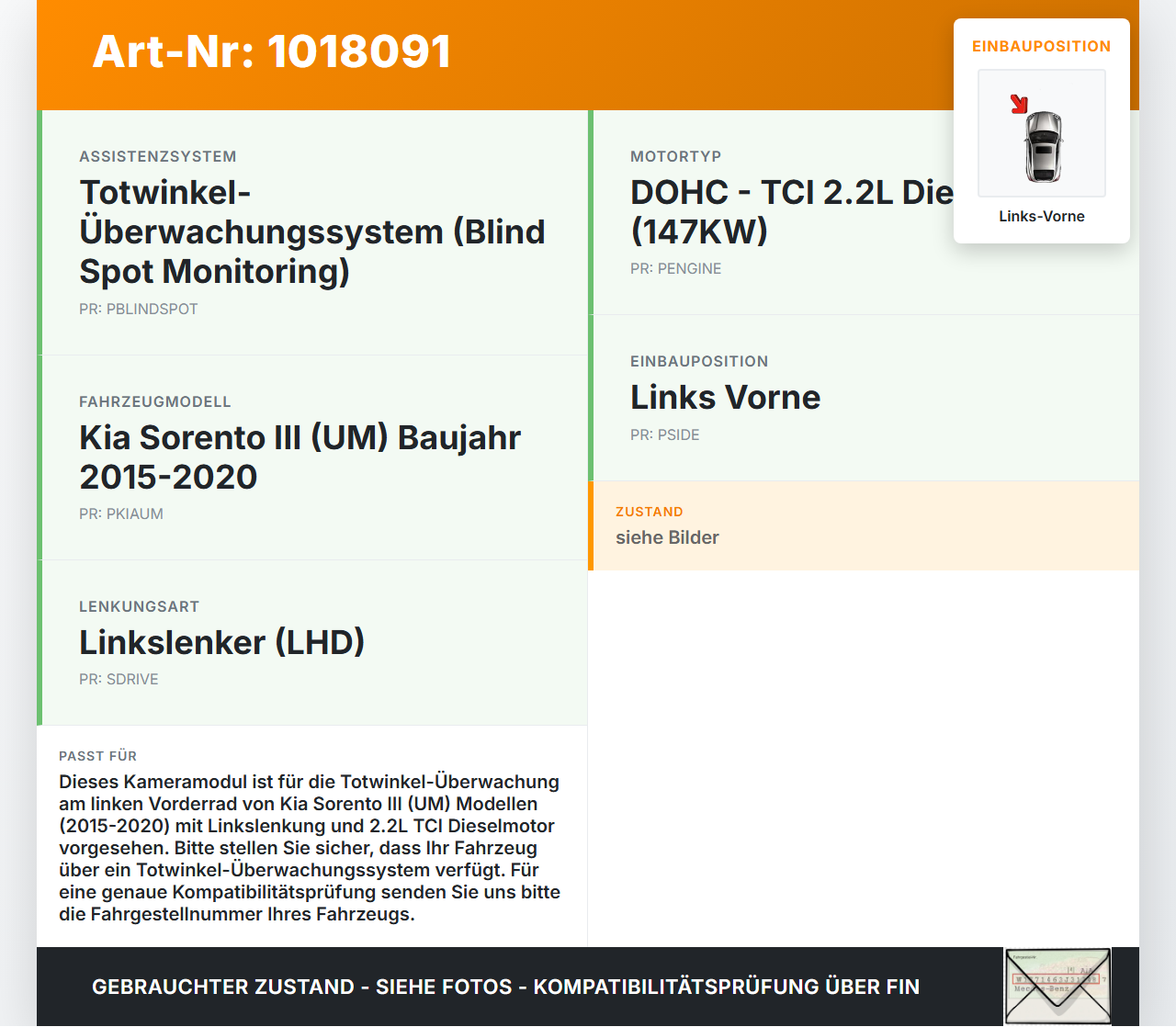 Kia Sorento III UM 15-20 TCi 2,2 147KW Kamera Sensor Links Vorne für Blindspot Kia Sorento III UM 15-20 11.10.2018... Vorschau 3