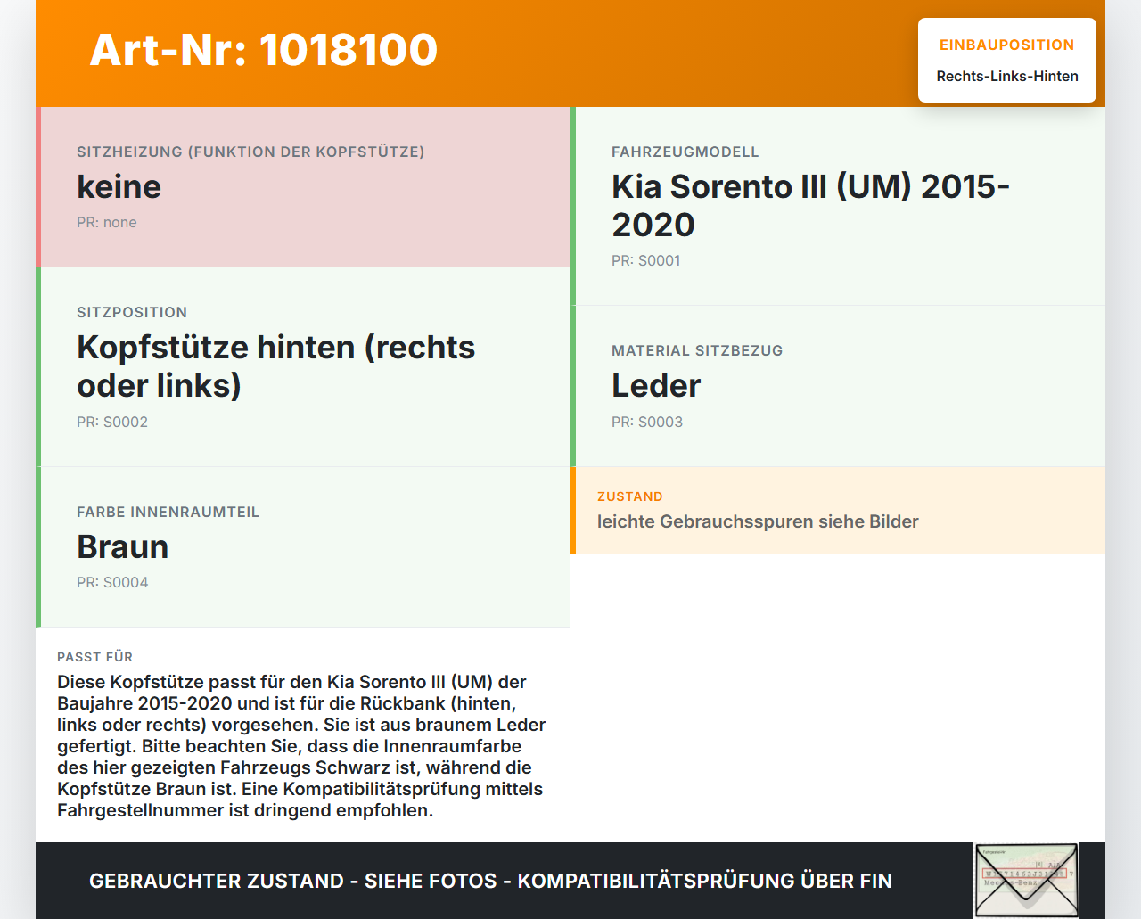 Kia Sorento III UM 15-20 Leder Kopfstütze Rechts oder Links Hinten Braun Kia Sorento III UM 15-20 11.10.2018 gebraucht Vorschau 3